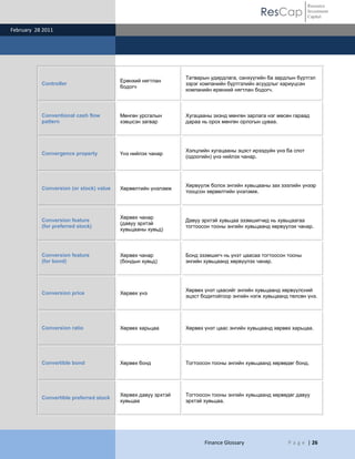ResCap
February 28 2011
Finance Glossary P a g e | 26
Resource
Investment
Capital
Controller
Ерөнхий нягтлан
бодогч
Татварын удирдлага, санхүүгийн ба зардлын бүртгэл
зэрэг компанийн бүртгэлийн асуудлыг хариуцсан
компанийн ерөнхий нягтлан бодогч.
Conventional cash flow
pattern
Мөнгөн урсгалын
хэвшсэн загвар
Хугацааны эхэнд мөнгөн зарлага нэг мөсөн гараад
дараа нь орох мөнгөн орлогын цуваа.
Convergence property Үнэ нийлэх чанар
Хэлцлийн хугацааны эцэст ирээдүйн үнэ ба спот
(одоогийн) үнэ нийлэх чанар.
Conversion (or stock) value Хөрвөлтийн үнэлэмж
Хөрвүүлж болох энгийн хувьцааны зах зээлийн үнээр
тооцсон хөрвөлтийн үнэлэмж.
Conversion feature
(for preferred stock)
Хөрвөх чанар
(давуу эрхтэй
хувьцааны хувьд)
Давуу эрхтэй хувьцаа эзэмшигчид нь хувьцаагаа
тогтоосон тооны энгийн хувьцаанд хөрвүүлэх чанар.
Conversion feature
(for bond)
Хөрвөх чанар
(бондын хувьд)
Бонд эзэмшигч нь үнэт цаасаа тогтоосон тооны
энгийн хувьцаанд хөрвүүлэх чанар.
Conversion price Хөрвөх үнэ
Хөрвөх үнэт цаасийг энгийн хувьцаанд хөрвүүлсний
эцэст бодитойгоор энгийн нэгж хувьцаанд төлсөн үнэ.
Conversion ratio Хөрвөх харьцаа Хөрвөх үнэт цаас энгийн хувьцаанд хөрвөх харьцаа.
Convertible bond Хөрвөх бонд Тогтоосон тооны энгийн хувьцаанд хөрвөдөг бонд.
Convertible preferred stock
Хөрвөх давуу эрхтэй
хувьцаа
Тогтоосон тооны энгийн хувьцаанд хөрвөдөг давуу
эрхтэй хувьцаа.
 