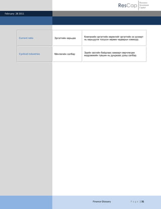 ResCap
February 28 2011
Finance Glossary P a g e | 31
Resource
Investment
Capital
Current ratio Эргэлтийн харьцаа
Компанийн эргэлтийн хөрөнгийг эргэлтийн эх үүсвэрт
нь харьцуулж тооцсон хөрвөх чадварын хэмжүүр.
Cyclical industries Мөчлөгийн салбар
Эдийн засгийн байдлаас хамаарч өөрчлөгдөх
мэдрэмжийн түвшин нь дунджаас дээш салбар.
 