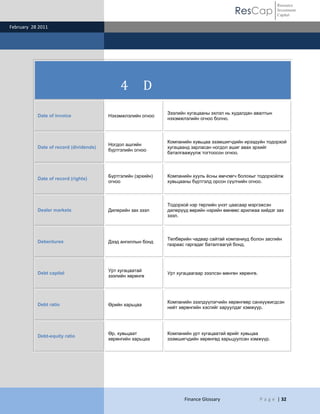 ResCap
February 28 2011
Finance Glossary P a g e | 32
Resource
Investment
Capital
4 D
Date of invoice Нэхэмжлэлийн огноо
Зээлийн хугацааны эхлэл нь худалдан авалтын
нэхэмжлэлийн огноо болно.
Date of record (dividends)
Ногдол ашгийн
бүртгэлийн огноо
Компанийн хувьцаа эзэмшигчдийн ирээдүйн тодорхой
хугацаанд зарласан ногдол ашиг авах эрхийг
баталгаажуулж тогтоосон огноо.
Date of record (rights)
Бүртгэлийн (эрхийн)
огноо
Компанийн хууль ѐсны өмчлөгч болохыг тодорхойлж
хувьцааны бүртгэлд орсон сүүлчийн огноо.
Dealer markets Дилерийн зах зээл
Тодорхой нэр төрлийн үнэт цаасаар мэргэжсэн
дилерүүд өөрийн нэрийн өмнөөс арилжаа хийдэг зах
зээл.
Debentures Дээд ангиллын бонд
Төлбөрийн чадвар сайтай компаниуд болон засгийн
газраас гаргадаг баталгаагүй бонд.
Debt capital
Урт хугацаатай
зээлийн хөрөнгө
Урт хугацаагаар зээлсэн мөнгөн хөрөнгө.
Debt ratio Өрийн харьцаа
Компанийн зээлдүүлэгчийн хөрөнгөөр санхүүжигдсэн
нийт хөрөнгийн хэсгийг харуулдаг хэмжүүр.
Debt-equity ratio
Өр, хувьцаат
хөрөнгийн харьцаа
Компанийн урт хугацаатай өрийг хувьцаа
эзэмшигчдийн хөрөнгөд харьцуулсан хэмжүүр.
 