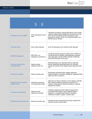 ResCap
February 28 2011
Finance Glossary P a g e | 37
Resource
Investment
Capital
5 E
Earnings per share (EPS)
Нэгж хувьцаанд ногдох
ашиг
Тодорхой хугацааны туршид бий болсон нийт энгийн
хувьцаа эзэмшигчдэд хуваарилах боломжтой ашгийг
нийт эргэлтэнд байгаа энгийн хувьцааны тоонд
харьцуулж тооцдог энгийн нэгж хувьцаа бүрээс олж
байгаа ашгийн хэмжээ.
Earnings yield Ашиг үнийн харьцаа Ашиг ба хувьцааны зах зээлийн үнийн харьцаа.
EBIT-EPS approach
EBIT-EPS –ын
хамаарлын шинжилгээ
Татвар ба хүүгийн зардлын өмнөх орлого (EBIT)-ын
хүлээгдэж буй янз бүрийн хувилбаруудын дундаас
нэгж хувьцааны ашгийг (EPS) хамгийн их байлгах
капиталын бүтцийг сонгох арга.
Economic conversion
quantity (ECQ)
Эдийн засгийн
хөрвүүлэлтийн тоо
Арилжаалагдах үнэт цааснаас мөнгөн хөрөнгөд,
мөнгөн хөрөнгөөс арилжаалагдах үнэт цаасанд
хөрвүүлэх хамгийн бага зардал бүхий хөрвүүлэлтийн
тоо.
Economic earnings Эдийн засгийн ашиг
Компанийн үйлдвэрлэлийн чадварт өөрчлөлт
гараагүй байсан ч мөнхийн төлбөрийн чадвартай байх
эдийн засгийн тооцоолол.
Economic order quantity
(EOQ) model
Захиалгын оновчтой
тоо хэмжээний загвар
Хадгалалтын болон захиалгын нийт зардлыг хамгийн
бага түвшинд байлгах захиалгын оновчтой тоо
хэмжээг тодорхойлдог бараа материалын нөөцийн
удирдлагын загвар.
Economic value added
Эдийн засгийн
нэмэгдсэн үнэлэмж
Татварын дараахь ашгаас хөрөнгө оруулалтын
санхүүжилтийн зардлыг хасах замаар хөрөнгө
оруулалт нь эзэмшигчдийн баялагт эерэгээр
нөлөөлсөн эсэхийг тооцдог түгээмэл арга.
Effective (true) interest rate Жинхэнэ хүүгийн хувь
Зээлдүүлэгчээс жинхэнээр авсан буюу зээлдэгчээс
жинхэнэ төлсөн хүүгийн хувь.
 