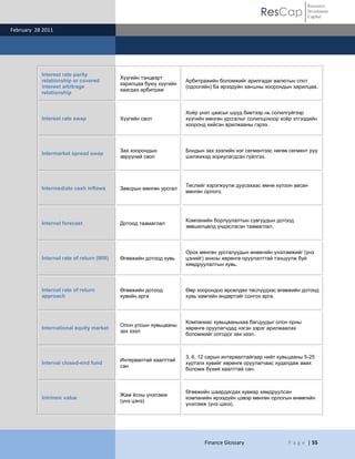 ResCap
February 28 2011
Finance Glossary P a g e | 55
Resource
Investment
Capital
Interest rate parity
relationship or covered
interest arbitrage
relationship
Хүүгийн тэнцвэрт
харилцаа буюу хүүгийн
хаагдах арбитраж
Арбитражийн боломжийг арилгадаг валютын спот
(одоогийн) ба ирээдүйн ханшны хоорондын харилцаа.
Interest rate swap Хүүгийн своп
Хоѐр үнэт цаасыг шууд биетээр нь солилгүйгээр
хүүгийн мөнгөн урсгалыг солилцохоор хоѐр этгээдийн
хооронд хийсэн арилжааны гэрээ.
Intermarket spread swap
Зах хоорондын
зөрүүний своп
Бондын зах зээлийн нэг сегментээс нөгөө сегмент руу
шилжихэд зориулагдсан гүйлгээ.
Intermediate cash inflows Завсрын мөнгөн урсгал
Төслийг хэрэгжүүлж дуусахаас өмнө хүлээн авсан
мөнгөн орлого.
Internal forecast Дотоод таамаглал
Компанийн борлуулалтын сувгуудын дотоод
зөвшилцөлд үндэслэсэн таамаглал.
Internal rate of return (IRR) Өгөөжийн дотоод хувь
Орох мөнгөн урсгалуудын өнөөгийн үнэлэмжийг (үнэ
цэнийг) анхны хөрөнгө оруулалттай тэнцүүлж буй
хямдруулалтын хувь.
Internal rate of return
approach
Өгөөжийн дотоод
хувийн арга
Өөр хоорондоо өрсөлдөх төслүүдээс өгөөжийн дотоод
хувь хамгийн өндөртэйг сонгох арга.
International equity market
Олон улсын хувьцааны
зах зээл
Компаниас хувьцааныхаа багцуудыг олон орны
хөрөнгө оруулагчдад нэгэн зэрэг арилжаалах
боломжийг олгодог зах зээл.
Interval closed-end fund
Интервалтай хаалттай
сан
3, 6, 12 сарын интервалтайгаар нийт хувьцааны 5-25
хүртэлх хувийг хөрөнгө оруулагчаас худалдаж авах
боломж бүхий хаалттай сан.
Intrinsic value
Жам ѐсны үнэлэмж
(үнэ цэнэ)
Өгөөжийн шаардагдах хувиар хямдруулсан
компанийн ирээдүйн цэвэр мөнгөн орлогын өнөөгийн
үнэлэмж (үнэ цэнэ).
 