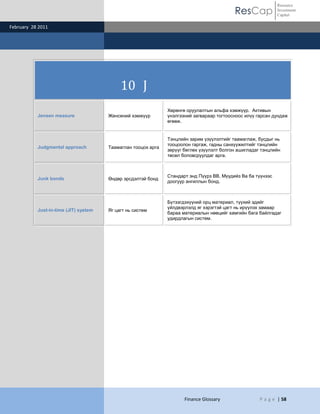 ResCap
February 28 2011
Finance Glossary P a g e | 58
Resource
Investment
Capital
10 J
Jensen measure Женсений хэмжүүр
Хөрөнгө оруулалтын альфа хэмжүүр. Активын
үнэлгээний загвараар тогтоосноос илүү гарсан дундаж
өгөөж.
Judgmental approach Таамаглан тооцох арга
Тэнцлийн зарим үзүүлэлтийг таамаглаж, бусдыг нь
тооцоолон гаргаж, гадны санхүүжилтийг тэнцлийн
зөрүүг бөглөх үзүүлэлт болгон ашигладаг тэнцлийн
төсөл боловсруулдаг арга.
Junk bonds Өндөр эрсдэлтэй бонд
Стандарт энд Пүүрз ВВ, Мүүдийз Ва ба түүнээс
доогуур ангиллын бонд.
Just-in-time (JIT) system Яг цагт нь систем
Бүтээгдэхүүний орц материал, түүхий эдийг
үйлдвэрлэлд яг хэрэгтэй цагт нь ирүүлэх замаар
бараа материалын нөөцийг хамгийн бага байлгадаг
удирдлагын систем.
 