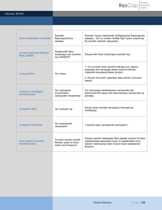 ResCap
February 28 2011
Finance Glossary P a g e | 62
Resource
Investment
Capital
Loan amortization schedule
Зээлийн
барагдуулалтын
хуваарь
Зээлийг тэнцүү хэмжээний төлбөрүүдээр барагдуулах
хуваарь. Энэ нь тухайн төлбөр бүрт орсон үндсэн өр
ба хүүгийн хэмжээг харуулдаг.
London Interbank Offered
Rate (LIBOR)
Лондонгийн банк
хоорондын зах зээлийн
хүү (ЛАйБОР)
Лондонгийн банк хоорондын зээлийн хүү.
Long position Урт позиц
1. Үнэ нь өснө гэсэн хүлээлттэйгээр үнэт цаасыг
худалдан авч ирээдүйд зарах зорилготойгоор
тодорхой хугацаанд барих үйлдэл.
2. Опшин хэлцлийг худалдан авах үйлдэл (опшины
хувьд).
Long-term (strategic)
financial plans
Урт хугацааны
(стратегийн)
санхүүгийн төлөвлөгөө
Урт хугацаанд төлөвлөгдсөн санхүүгийн үйл
ажиллагаа ба тэрхүү үйл ажиллагааны санхүүгийн үр
дагавар.
Long-term debt Урт хугацаат өр
Нэгээс дээш жилийн хугацаанд төлөгдөх өр
төлбөрүүд.
Long-term financing
Урт хугацаатай
санхүүжилт
1 жилээс дээш хугацаатай санхүүжилт.
Low-regular-and-extra
dividend policy
Тогтмол ногдол ашгийг
багаар, дээр нь илүүг
нэмж олгох бодлого
Ногдол ашгийг зориудаар бага хувиар тооцож тогтмол
хуваарилаад хувьцааны ашиг нь ердийнхөөс илүү
гарсан тохиолдолд нэмж ногдол ашиг хуваарилах
бодлого.
 