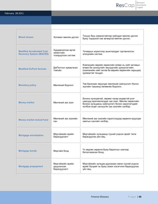 ResCap
February 28 2011
Finance Glossary P a g e | 66
Resource
Investment
Capital
Mixed stream Холимог мөнгөн урсгал
Тэнцүү биш хэмжээтэйгээр хийгддэг мөнгөн урсгал
буюу тодорхой хэв загваргүй мөнгөн урсгал.
Modified Accelerated Cost
Recovery System (MACRS)
Хурдавчилсан өртөг
нөхөлтийн
тохируулсан систем
Татварын зорилгоор ашиглагддаг түргэвчилсэн
элэгдлийн систем.
Modified DuPont formula
ДюПонтын хувиргасан
томъѐо
Компанийн өөрийн хөрөнгийн өгөөж нь нийт активын
өгөөж ба санхүүгийн хөшүүргийн үржүүлэгчийн
(компанийн нийт актив ба өөрийн хөрөнгийн харьцаа)
үржвэртэй тэнцдэг.
Monetary policy Мөнгөний бодлого
Төв банкнаас явуулдаг мөнгөний нийлүүлэлт болон
хүүгийн түвшинд нөлөөлөх бодлого.
Money market Мөнгөний зах зээл
Богино хугацаатай, хөрвөх чанар өндөртэй үнэт
цаасууд арилжалагддаг зах зээл. Мөнгөн хөрөнгийн
богино хугацааны нийлүүлэгч болон хэрэглэгчдийг
холбож өгдөг санхүүгйн зах зээлийн салбар.
Money market mutual fund
Мөнгөний зах зээлийн
сан
Мөнгөний зах зээлийн хэрэгслүүдэд хөрөнгө оруулдаг
хамтын сангийн хэлбэр.
Mortgage amortization
Моргэйжийн өрийн
барагдуулалт
Моргэйжийн хугацаанд түүний үндсэн өрийг төлж
барагдуулах үйл явц.
Mortgage bonds Моргэйж бонд
Үл хөдлөх хөрөнгө буюу барилгын зээлээр
баталгаажсан бонд.
Mortgage prepayment
Моргэйжийн өрийн
урьдчилсан
барагдуулалт
Моргэйжийн хугацаа дуусахаас өмнө түүний үндсэн
өрийг бүгдийг нь буюу эсвэл хэсэгчлэн барагдуулах
үйл явц.
 