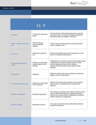 ResCap
February 28 2011
Finance Glossary P a g e | 76
Resource
Investment
Capital
15 P
P/E effect
Үнэ ашгийн харьцааны
нөлөө
Үнэ ашгийн бага харьцаатай хувьцааны эрсдлээр
жигнэсэн өгөөж нь үнэ ашгийн өндөр харьцаатай
хувьцааныхаас илүү байдаг тохиолдол.
Paid-in capital in excess of
par
Нэмж төлөгдсөн
капитал (өөрийн
хөрөнгө)
Энгийн хувьцааг борлуулсан үнэ анхны нэрлэсэн
үнээс нь давсан хэсэг.
Par value
Хувьцааны нэрлэсэн
үнэ
Компанийн дүрмийн дагуу нэгж хувьцаанд тогтоож
өгсөн ач холбогдол багатай үнэ.
Participating preferred
stock
Нэмэгдэл ашгаас хувь
хүртдэг давуу эрхтэй
хувьцаа
Эзэмшигчид нь тогтоосон ногдол ашиг авахаас гадна
тодорхойлсон томъѐоны дагуу илүүдсэн ногдол
ашгийн хуваарилалтанд энгийн хувьцаа
эзэмшигчдийн адилаар оролцох давуу эрхтэй
хувьцаа.
Partnership Нөхөрлөл
Хоѐр ба түүнээс дээш тооны хүмүүсийн эзэмшилд
байдаг ашгийн төлөө бизнес.
Par-value preferred stock
Нэрлэсэн үнэтэй давуу
эрхтэй хувьцаа
Нэрлэж тогтоосон үнэтэй, жилийн ногдол ашгаас
хүртэх хувь нь тодорхойлогдсон давуу эрхтэй
хувьцаа.
Passive management Идэвхигүй удирдлага
Үнэ нь буруу тогтоогдсон үнэт цаасыг илрүүлэн ашиг
олохыг оролдолгүйгээр сайн тархаагдсан эрсдэл
багатай үнэт цаасны багцыг худалдан авч эзэмших
хөрөнгө оруулалтын удирдлага.
Passive strategy Идэвхигүй стратеги
Үнэт цаасны шинжилгээнээс зайлсхийсэн хөрөнгө
оруулалтын бодлого.
 