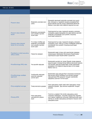 ResCap
February 28 2011
Finance Glossary P a g e | 80
Resource
Investment
Capital
Present value
Өнөөгийн үнэлэмж (үнэ
цэнэ)
Ирээдүйн мөнгөний одоогийн үнэлэмж (үнэ цэнэ).
Хүү, хугацаа нь тодорхой нөхцөлд ирээдүйд бий
болох мөнгөн дүнтэй тэнцүү хэмжээний мөнгөтэй
байхын тулд одоо хийх хөрөнгө оруулалтын дүн.
Present value interest
factor
Өнөөгийн үнэлэмжийн
(үнэ цэнийн) хүүгийн
хүчин зүйл
Хорогдуулалтын хувь тодорхой нөхцөлд, өгөгдсөн
хугацааны дараа ирээдүйд олж авах мөнгөн дүнгийн
өнөөгийн үнэлэмжийг (үнэ цэнийг) тооцоход
ашигладаг үржүүлэгч.
Present value interest
factor for an annuity
Үе тутмын төлбөр дэх
өнөөгийн үнэлэмжийн
(үнэ цэнийн) хүүгийн
хүчин зүйл
Хорогдуулалтын хувь тодорхой нөхцөлд, өгөгдсөн
хугацааны эцэст хийх үе тутмын төлбөрийн өнөөгийн
үнэлэмжийг (үнэ цэнийг) тооцоход ашигладаг
үржүүлэгч.
President or chief executive
officer (CEO)
Гүйцэтгэх захирал
Компанийн өдөр тутмын үйл ажиллагааг удирдах,
захирлуудын зөвлөлөөс батлагдсан бодлогуудыг
хэрэгжүүлэх үүрэг бүхий албан тушаалтан.
Price/Earnings (P/E) ratio Үнэ ашгийн харьцаа
Компанийн ашгийн нэг төгрөг бүрийн төлөө хөрөнгө
оруулагчдаас төлөхөд бэлэн байгаа мөнгөний хэмжээ.
Үнэ ашгийн харьцаа өндөр байх тусам компанийн
ирээдүйд итгэх хөрөнгө оруулагчдын итгэл өндөр
байна гэсэн үг.
Price/Earnings multiple
approach
Үнэ/Ашгийн харьцааг
ашиглан хувьцааг
үнэлэх арга
Компанийн нэгж хувьцаа бүрт ногдохоор хүлээгдэж
буй ашгийг (EPS) салбарын үнэ ашгийн дундаж
харьцаагаар (P/E) үржүүлж тооцдог компанийн
хувцааны үнэлгээг тогтоох арга.
Price-weighted average Үнээр жигнэсэн дундаж
Нэгж хувьцааны үнийг нэмж нийт хувьцааны тоонд
хуваасан дундаж. Доу жонсын индексийг тооцдог
дундаж.
Primary EPS
Нэгж хувьцаанд
шилжүүлсэн үндсэн
ашиг
Үнэлгээ нь хөрвөлт ба энгийн хувьцааны шинж
чанараас хамаардаг, тэнцлийн гадуурх бүх төрлийн
үнэт цаасыг хөрвүүлэн хэлцлийг хэрэгжүүлсний эцэст
нийтэд нь энгийн хувьцаанд шилжүүлж тооцсон нэгж
хувьцааны ашиг.
 
