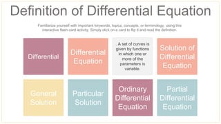 Definition of Differential Equation
Differential
General
Solution
Differential
Equation
Particular
Solution
Family of
curves
Ordinary
Differential
Equation
Solution of
Differential
Equation
Partial
Differential
Equation
Familiarize yourself with important keywords, topics, concepts, or terminology, using this
interactive flash card activity. Simply click on a card to flip it and read the definition.
. A set of curves is
given by functions
in which one or
more of the
parameters is
variable.
 