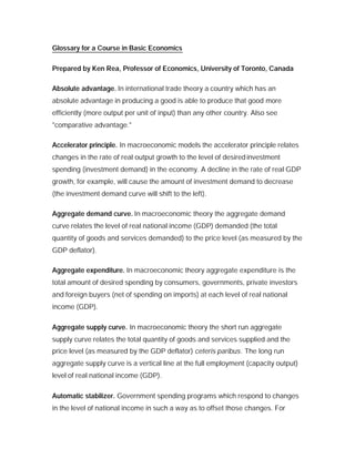 Glossary for a Course in Basic Economics

Prepared by Ken Rea, Professor of Economics, University of Toronto, Canada

Absolute advantage. In international trade theory a country which has an
absolute advantage in producing a good is able to produce that good more
efficiently (more output per unit of input) than any other country. Also see
"comparative advantage."

Accelerator principle. In macroeconomic models the accelerator principle relates
changes in the rate of real output growth to the level of desired investment
spending (investment demand) in the economy. A decline in the rate of real GDP
growth, for example, will cause the amount of investment demand to decrease
(the investment demand curve will shift to the left).

Aggregate demand curve. In macroeconomic theory the aggregate demand
curve relates the level of real national income (GDP) demanded (the total
quantity of goods and services demanded) to the price level (as measured by the
GDP deflator).

Aggregate expenditure. In macroeconomic theory aggregate expenditure is the
total amount of desired spending by consumers, governments, private investors
and foreign buyers (net of spending on imports) at each level of real national
income (GDP).

Aggregate supply curve. In macroeconomic theory the short run aggregate
supply curve relates the total quantity of goods and services supplied and the
price level (as measured by the GDP deflator) ceteris paribus. The long run
aggregate supply curve is a vertical line at the full employment (capacity output)
level of real national income (GDP).

Automatic stabilizer. Government spending programs which respond to changes
in the level of national income in such a way as to offset those changes. For
 