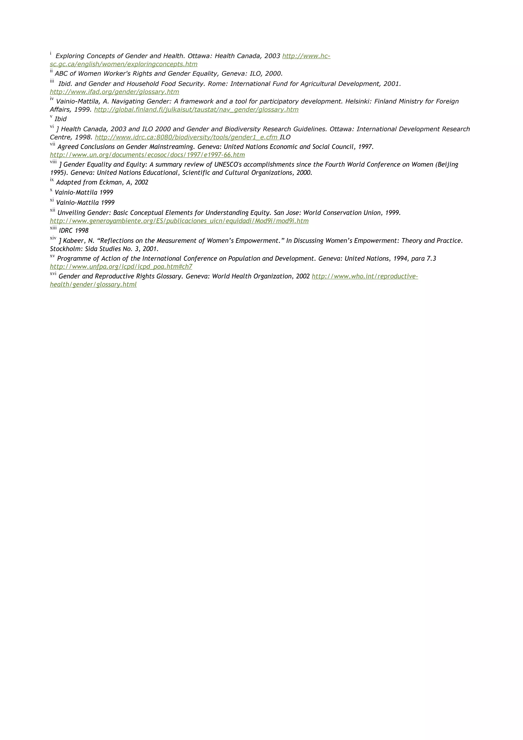 i
  Exploring Concepts of Gender and Health. Ottawa: Health Canada, 2003 http://www.hc-
sc.gc.ca/english/women/exploringconcepts.htm
ii
      ABC of Women Worker's Rights and Gender Equality, Geneva: ILO, 2000.
iii
   Ibid. and Gender and Household Food Security. Rome: International Fund for Agricultural Development, 2001.
http://www.ifad.org/gender/glossary.htm
iv
  Vainio-Mattila, A. Navigating Gender: A framework and a tool for participatory development. Helsinki: Finland Ministry for Foreign
Affairs, 1999. http://global.finland.fi/julkaisut/taustat/nav_gender/glossary.htm
v
      Ibid
vi
 ] Health Canada, 2003 and ILO 2000 and Gender and Biodiversity Research Guidelines. Ottawa: International Development Research
Centre, 1998. http://www.idrc.ca:8080/biodiversity/tools/gender1_e.cfm ILO
vii
     Agreed Conclusions on Gender Mainstreaming. Geneva: United Nations Economic and Social Council, 1997.
http://www.un.org/documents/ecosoc/docs/1997/e1997-66.htm
viii
     ] Gender Equality and Equity: A summary review of UNESCO's accomplishments since the Fourth World Conference on Women (Beijing
1995). Geneva: United Nations Educational, Scientific and Cultural Organizations, 2000.
ix
    Adapted from Eckman, A, 2002
x
      Vainio-Mattila 1999
xi
      Vainio-Mattila 1999
xii
     Unveiling Gender: Basic Conceptual Elements for Understanding Equity. San Jose: World Conservation Union, 1999.
http://www.generoyambiente.org/ES/publicaciones_uicn/equidadi/Mod9i/mod9i.htm
xiii
     IDRC 1998
xiv
    ] Kabeer, N. “Reflections on the Measurement of Women’s Empowerment.” In Discussing Women’s Empowerment: Theory and Practice.
Stockholm: Sida Studies No. 3, 2001.
xv
    Programme of Action of the International Conference on Population and Development. Geneva: United Nations, 1994, para 7.3
http://www.unfpa.org/icpd/icpd_poa.htm#ch7
xvi
    Gender and Reproductive Rights Glossary. Geneva: World Health Organization, 2002 http://www.who.int/reproductive-
health/gender/glossary.html
 