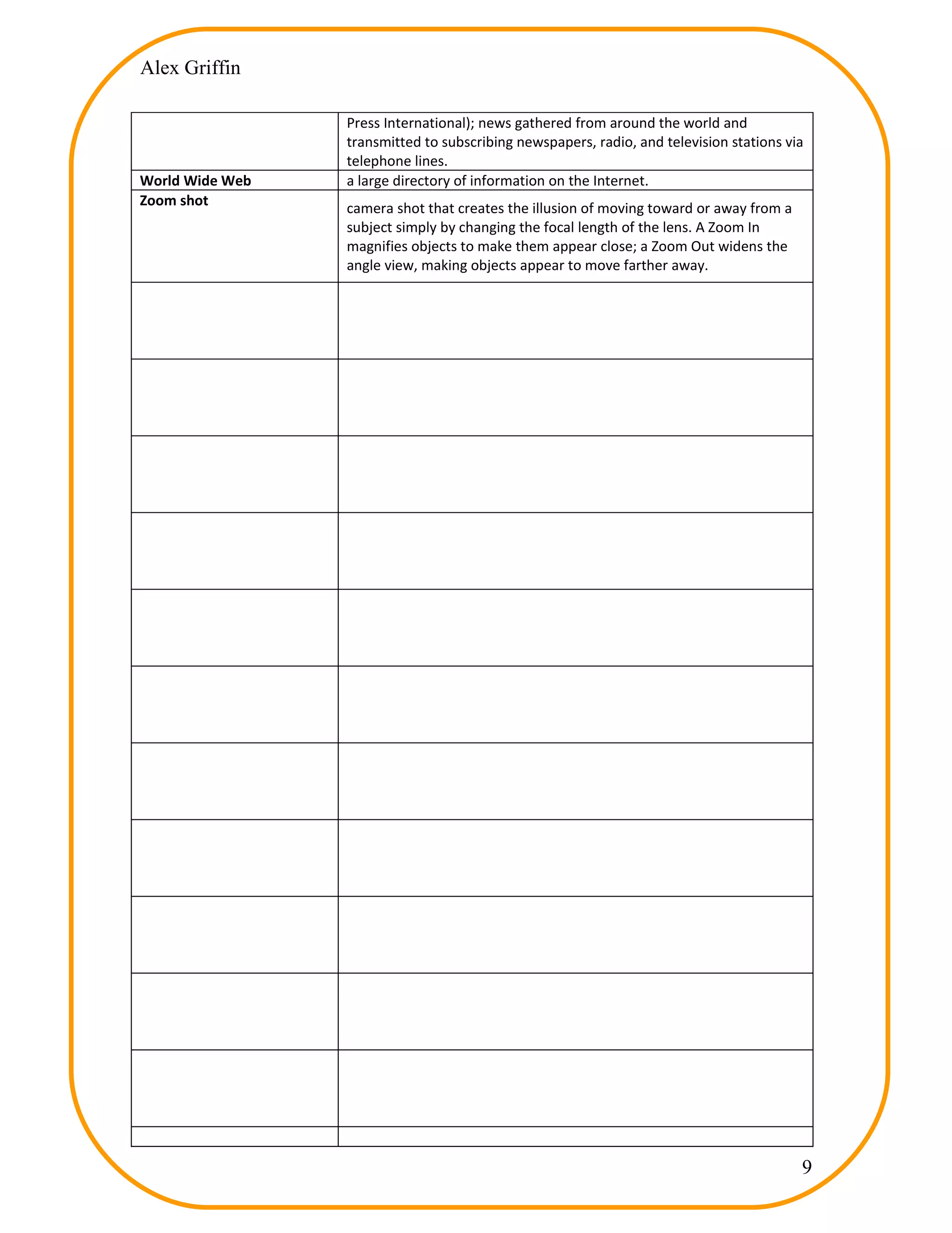 Alex Griffin

                 Press International); news gathered from around the world and
                 transmitted to subscribing newspapers, radio, and television stations via
                 telephone lines.
World Wide Web   a large directory of information on the Internet.
Zoom shot        camera shot that creates the illusion of moving toward or away from a
                 subject simply by changing the focal length of the lens. A Zoom In
                 magnifies objects to make them appear close; a Zoom Out widens the
                 angle view, making objects appear to move farther away.




                                                                                         9
 