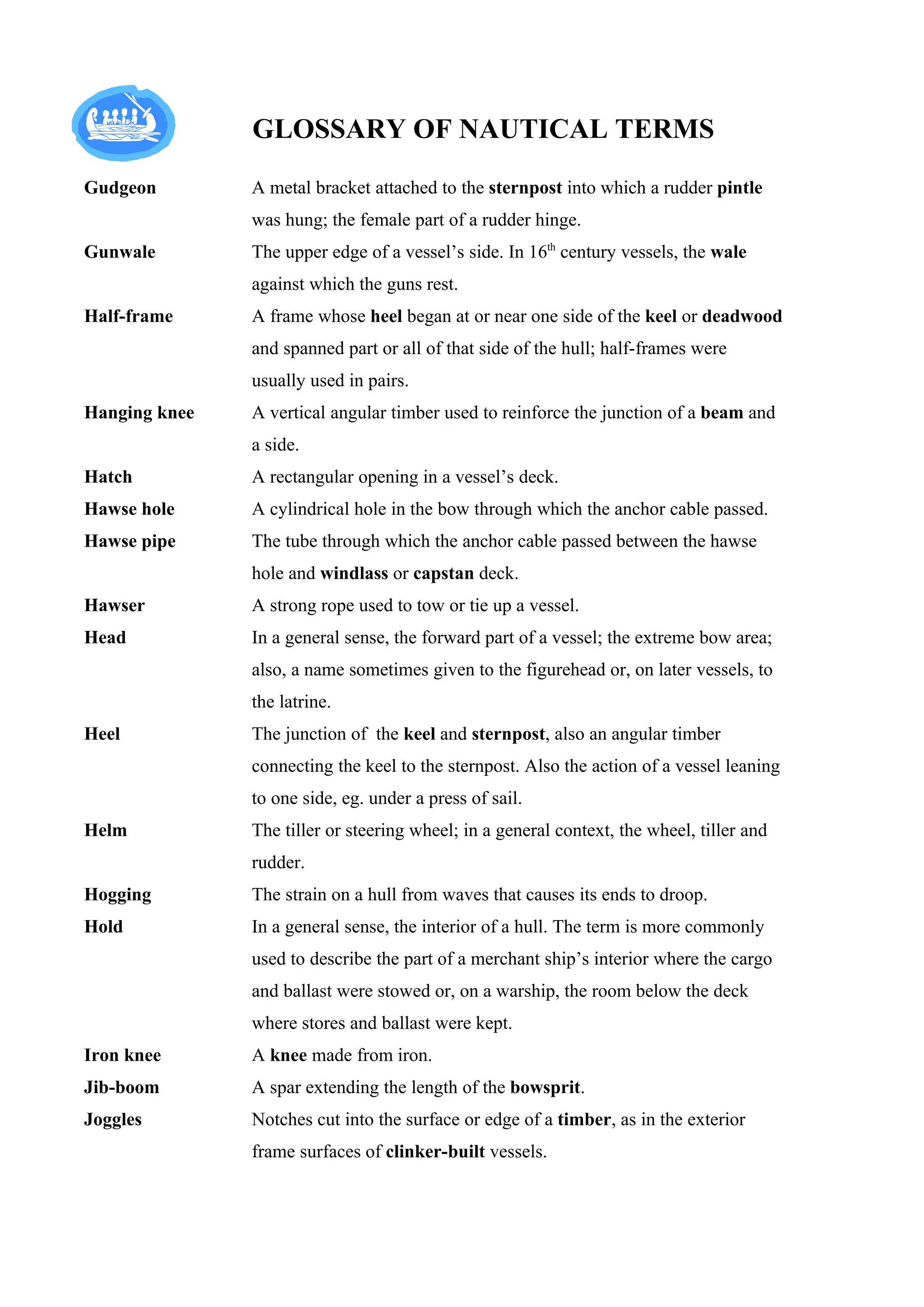 GLOSSARY OF NAUTICAL TERMS
Gudgeon        A metal bracket attached to the sternpost into which a rudder pintle
               was hung; the female part of a rudder hinge.
Gunwale        The upper edge of a vessel’s side. In 16th century vessels, the wale
               against which the guns rest.
Half-frame     A frame whose heel began at or near one side of the keel or deadwood
               and spanned part or all of that side of the hull; half-frames were
               usually used in pairs.
Hanging knee   A vertical angular timber used to reinforce the junction of a beam and
               a side.
Hatch          A rectangular opening in a vessel’s deck.
Hawse hole     A cylindrical hole in the bow through which the anchor cable passed.
Hawse pipe     The tube through which the anchor cable passed between the hawse
               hole and windlass or capstan deck.
Hawser         A strong rope used to tow or tie up a vessel.
Head           In a general sense, the forward part of a vessel; the extreme bow area;
               also, a name sometimes given to the figurehead or, on later vessels, to
               the latrine.
Heel           The junction of the keel and sternpost, also an angular timber
               connecting the keel to the sternpost. Also the action of a vessel leaning
               to one side, eg. under a press of sail.
Helm           The tiller or steering wheel; in a general context, the wheel, tiller and
               rudder.
Hogging        The strain on a hull from waves that causes its ends to droop.
Hold           In a general sense, the interior of a hull. The term is more commonly
               used to describe the part of a merchant ship’s interior where the cargo
               and ballast were stowed or, on a warship, the room below the deck
               where stores and ballast were kept.
Iron knee      A knee made from iron.
Jib-boom       A spar extending the length of the bowsprit.
Joggles        Notches cut into the surface or edge of a timber, as in the exterior
               frame surfaces of clinker-built vessels.
 