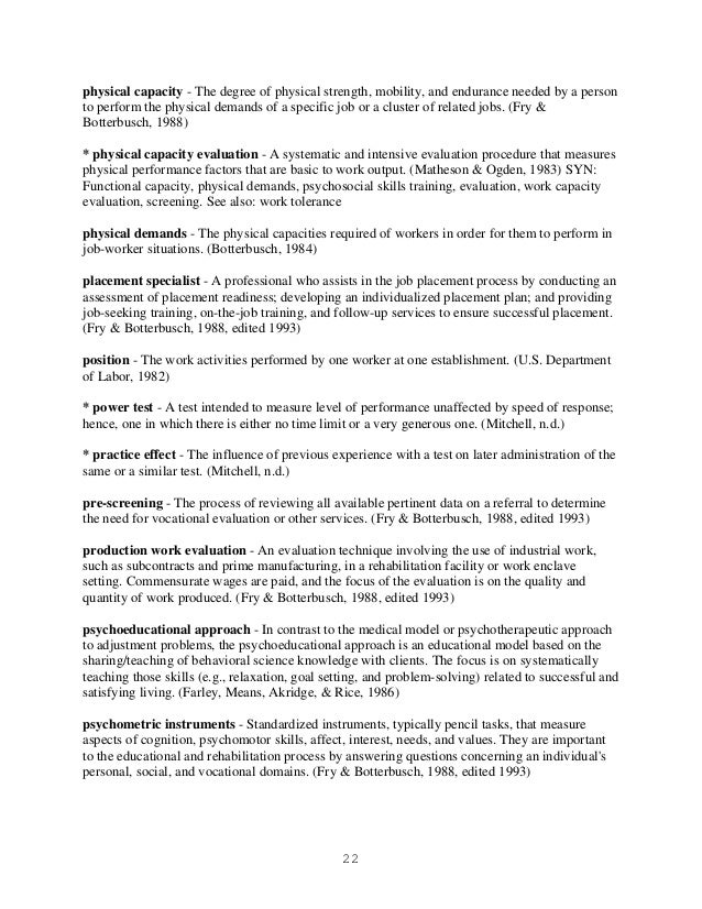 glossary of terminologies for vocational evaluation work capacity evaluation form