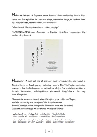 10
Haiku (or hokku): A Japanese verse form of three unrhyming lines in five,
seven, and five syllables. It creates a single, memorable image, as in these lines
by Kobayashi Issa, translated by Jane Hirshfield:
―On a branch floating downriver a cricket, singing.‖
(In TRANSLATING from Japanese to English, Hirshfield compresses the
number of syllables.)
Hexameter: A metrical line of six feet, most often dactylic, and found in
Classical Latin or Greek poetry, including Homer’s Iliad. In English, an iambic
hexameter line is also known as an alexandrine. Only a few poets have written in
dactylic hexameter, including Henry Wadsworth Longfellow in the long
poem Evangeline:
Now had the season returned, when the nights grow colder and longer,
And the retreating sun the sign of the Scorpion enters.
Birds of passage sailed through the leaden air, from the ice-bound,
Desolate northern bays to the shores of tropical islands
 