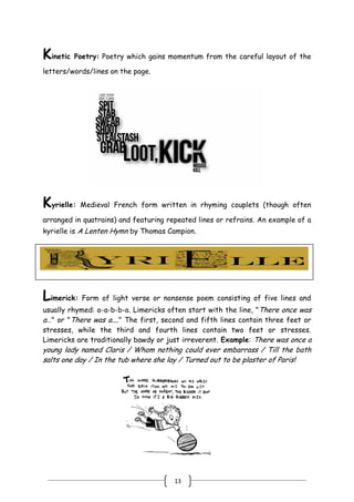 13
Kinetic Poetry: Poetry which gains momentum from the careful layout of the
letters/words/lines on the page.
Kyrielle: Medieval French form written in rhyming couplets (though often
arranged in quatrains) and featuring repeated lines or refrains. An example of a
kyrielle is A Lenten Hymn by Thomas Campion.
Limerick: Form of light verse or nonsense poem consisting of five lines and
usually rhymed: a-a-b-b-a. Limericks often start with the line, "There once was
a…" or "There was a...." The first, second and fifth lines contain three feet or
stresses, while the third and fourth lines contain two feet or stresses.
Limericks are traditionally bawdy or just irreverent. Example: There was once a
young lady named Claris / Whom nothing could ever embarrass / Till the bath
salts one day / In the tub where she lay / Turned out to be plaster of Paris!
 