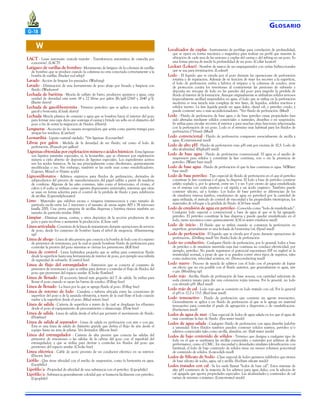 G-18

W
LACT - Lease automatic custody transfer - Transferencia automática de custodia por
concesión?. (LACT)

Latigueo de varillas de bombeo - Movimiento de latigueo de la columna de varillas

de bombeo que se produce cuando la columna no esta conectada correctamente a la
bomba de varillas. (Sucker rod whip)
Lavado - Acción de limpiar los punzados. (Washing)
Lavado - Eliminación de una herramienta de pozo abajo por fresado y limpieza con
fluido. (Washover)
Lechada de baritina - Mezcla de sulfato de bario, productos químicos y agua, cuya
unidad de densidad está entre 18 y 22 libras por galón (lb/gal) [2160 y 2640 g/l].
(Barite slurry)
Lechada de gasoil-bentonita - Término petrolero que se aplica a una mezcla de
gasoil y bentonita. (Gunk slurry)
Lechada- Mezcla plástica de cemento y agua que se bombea hacia el interior del pozo
para formar una capa dura que sostenga el casing y brinde un sello en el díámetro del
pozo a fin de evitar la migración de fluidos. (Slurry).
Lenguetas - Accesorio de la canasta recuperadora que actúa como puerta trampa para
atrapar los residuos. (Catcher)
Leonardita - Lignito natural oxidado. *Ver ligninas. (Leonardite)
Libras por galón - Medida de la densidad de un fluido, tal como el lodo de
perforación. (Pounds per gallon)
Ligninas obtenidas por explotación minera o ácidos húmicos - Estas ligninas
son lignitos naturales especiales, ej. la leonardite, que se obtienen por explotación
minera a cielo abierto de depósitos de lignitos especiales. Los ingredientes activos
son los ácidos húmicos. Se las usa principalmente como disolventes, químicamente
modificadas o no. Sin embargo, también se las suele usar como emulsificadores.
(Lignins, Mined or Humic acids)
Lignosulfonatos - Aditivos orgánicos para fluidos de perforación, derivados de
subproductos del proceso de manufacturación del papel sulfito a partir de maderas
de coníferas. Algunas de las sales comunes, tales como el ferrocromo, el cromo, el
calcio y el sodio se utilizan como agentes dispersantes universales, mientras que otras
se usan en forma selectiva para el control de la pérdida de fluido y para inhibición
de arcillas. (Lignosulphonates)
Limo - Materiales que exhiben escasa o ninguna intumescencia y cuyo tamaño de
partícula oscila entre los 2 micrones y el tamaño de arena según API y 74 micrones
(malla 200). Una cierta categoría de arcillas dispersas y baritina tienen también un
tamaño de partícula similar. (Silt).
Limpiar - Eliminar arena, costras, y otros depósitos de la sección productora de un
pozo y para recobrar o aumentar la producción. (Clean out)
Línea articulada - Conexión de la línea de tratamiento durante operaciones de servicio
de pozo, desde los camiones de bombeo hasta el árbol de surgencia. -(Hammeringup)
Línea de ahogo - Línea de alta presión que conecta a la bomba de lodo con el conjunto
de preventor de reventones, por la cual se puede bombear fluido de perforación para
controlar la presión del pozo mientras se cierran los preventores. (Kill line)
Línea de control - Línea hidráulica pequeña que se utiliza para comunicar fluido
desde la superficie hasta una herramienta de interior de pozo, por ejemplo una válvula
de seguridad de subsuelo. (Control line)
Línea de flujo del estrangulador - Extensión que se conecta al conjunto de
preventor de reventones y que se utiliza para derivar y controlar el flujo de fluidos del
pozo que provienen del espacio anular. (Choke flowline)
Línea de llenado - El accesorio lateral más pequeño del T de salida. Se utiliza para
llenar el pozo cuando se sacan las barras de sondeo. (Fill-up line)
Línea de llenado - La línea por la que se agrega fluido al pozo. (Fillup line)
Línea de retorno de lodo - Canaleta o tubería ubicada entre las conexiones de
superficie del pozo y de la zaranda vibratoria, a través de la cual fluye el lodo cuando
vuelve a la superficie desde el pozo. (Mud return line)
Línea de salida - Cañería de superficie a través de la cual se desplazan los efluentes
desde el pozo al equipamiento de procesamiento o almacenaje. (Flow line)
Línea de salida - Línea de salida desde el árbol par permitir el movimiento de fluido.
(Flowline)
Línea de salida al separador - Línea de salida en perforación con aire o con gas.
Ésta es una línea de salida de diámetro grande que deriva el flujo de aire desde el
equipo hasta un área de piletas. Ver derivador. (Blooie line)
Línea del estrangulador - Cañería de alta presión que conecta las salidas del
preventor de reventones o las salidas de la cabeza del pozo con el manifold del
estrangulador, y que se utiliza para derivar y controlar los fluidos del pozo que
provienen del espacio anular. (Choke line)
Línea eléctrica - Cable de acero provisto de un conductor eléctrico en su interior.
(Electric line)
Liófilo - Que tiene afinidad con el medio de suspensión, como la bentonita en agua.
(Lyophilic)
Lipófílo/a - Propiedad de afinidad de una substancia con el petróleo. (Lipophilic)
Lipófilo/a - Substancia generalmente coloidal que se humecta fácilmente con petróleo.
(Lipophile)

G LOSARIO
Localizador de cuplas - Instrumento de perfilaje para correlación de profundidad,

que se opera en forma mecánica o magnética para realizar un perfil que muestre la
ubicación de cada una de las uniones o cuplas del casing o del tubing en un pozo. Es
una forma precisa de medir la profundidad de un pozo. (Collar locator)
Lockset (Lokset) - Nombre de marca de un empaquetador con cuñas bidireccionales
que se usa para terminación. (Lockset)
Lodo - El líquido que se circula por el pozo durante las operaciones de perforación
rotativa y de reparación. Además de su función de traer los recortes a la superficie,
el lodo de perforación enfría y lubrica el trépano y la columna de sondeo, sirve
de protección contra los reventones al contrarrestar las presiones de subsuelo y
deposita un revoque de lodo en las paredes del pozo para impedir la pérdida de
fluido al interior de la formación. Aunque originalmente se utilizaban sólidos terrosos
(especialmente arcillas) suspendidos en agua, el lodo que se utiliza en la perforación
moderna es una mezcla más compleja de tres fases, de líquidos, sólidos reactivos y
sólidos inertes. La fase líquida puede ser agua dulce, diesel oil, o petróleo crudo, y
puede contener uno o más acondicionadores. *Ver fluido de perforación. (Mud)
Lodo - Fluido de perforación de base agua o de base petróleo cuyas propiedades han
sido alteradas mediante sólidos comerciales o naturales, disueltos o en suspensión.
Se utiliza para circular recortes al exterior y para muchas otras funciones relacionadas
con la perforación de un pozo. Lodo es el término más habitual para los fluidos de
perforación (*Véase). (Mud)
Lodo convencional - Fluido de perforación compuesto esencialmente de arcilla y
agua. (Conventional mud)
Lodo de alto pH - Fluido de perforación cuyo pH está por encima de 10,5. Lodo de
alta alcalinidad. (High-pH mud)
Lodo de base agua - Fluido de perforación convencional. El agua es el medio de
suspensión para sólidos y constituye la fase continua, con o sin la presencia de
petróleo. (Water base mud)
Lodo de base agua - Fluido de perforación el que la fase continua es agua. N(Water
base mud)
Lodo de base petróleo - Tipo especial de fluido de perforación en el que el petróleo
constituye la fase continua y el agua, la dispersa. El lodo a base de petróleo contiene
asfalto soplado y, por lo general, entre un 1 y un 5 por ciento de agua emulsificada
en el sistema con soda cáustica o cal rápida y un ácido orgánico. También puede
contener silicato, sal y fosfato. Los lodos de base petróleo se diferencian de los
de emulsión inversa (ambos, emulsiones de agua en petróleo) por la cantidad de
agua utilizada, el método de control de viscosidad y las propiedades tixotrópicas, los
materiales de reboque y la pérdida de fluido. (Oil base mud)
Lodo de emulsión de agua en petróleo - Conocido como “lodo de emulsificado”.
Cualquier lodo especial o convencional a base de agua al que se le ha agregado
petróleo. El petróleo constituye la fase dispersa y puede quedar emulsificado en el
lodo, tanto mecánica como químicamente. (Oil in water emulsion mud)
Lodo de inicio - El fluido que se utiliza cuando se comienza la perforación en
superficie, generalmente es una lechada de bentonita/cal. (Spud mud)
Lodo de perforación - El líquido que se circula por el pozo durante operaciones de
perforación.. (Drilling mud) Ver fluido/lodo de perforación
Lodo no conductivo - Cualquier fluido de perforación, por lo general, lodos a base
de petróleo o de emulsión invertida cuya fase continua no conduce electricidad, por
ejemplo, petróleo. No puede registrarse el potencial espontáneo (SP en inglés) ni la
resistividad normal, a pesar de que sí se pueden correr otros tipos de registros, tales
como inducción, velocidad acústica, etc. (Non-conducting mud)
Lodo nuevo - Proceso de mezcla de aditivos con el lodo con el propósito de lograr
un efecto que no era posible con el fluido anterior, que generalmente es agua, aire
o gas. (Mudding up)
Lodo rojo - Arcilla, fluido de perforación de base acuosa, con cantidad suficiente de
soda cáustica tanato para dar una coloración rojiza intensa. Por lo general, un lodo
con elevado pH. (Red mud)
Lodo rojo de cal - Lodo rojo que se convierte en lodo tratado con cal. Por lo general
el pH es 12.0 a 13.0. (Red lime mud)
Lodo tensoactivo - Fluido de perforación que contiene un agente tensoactivo.
Generalmente se aplica a un fluido de perforación al que se le agrega un material
tensoactivo para controlar el grado de agregación y dispersión o de emulsificación.
(Surfactant mud)
Lodos de agua de mar - Clase especial de lodos de agua salada en los que el agua de
mar constituye la fase de fluido. (Sea water muds)
Lodos de agua salada - Cualquier fluido de perforación con agua disuelta (salobre
a saturada). Estos fluidos también pueden contener sólidos nativos, petróleo y/o
aditivos comerciales tales como arcilla, almidón, etc. (Salt water muds)
Lodos de bajo contenido de sólidos - Término que designa a cualquier tipo de
lodo en el que se sustituyen las arcillas comerciales o naturales por aditivos de alta
performance, como el CMC. En viscosidad y densidades similares (densificación con
baritina), el lodo de bajo contenido de sólidos tiene un menor volumen porcentual
de contenido de sólidos. (Low-solids mud)
Lodos de Silicato de Sodio - Clase especial de lodos químicos inhibidos que tienen
de base silicato de sodio, agua, sal y arcilla. (Sodium silicate muds)
Lodos tratados con cal - Se los suele llamar “lodos de base cal”. Estos sistemas de
alto pH contienen de la mayoría de los aditivos para agua dulce, con la adición de
cal apagada que aporta propiedades especiales. Las alcalinidades y contenidos de cal
varían de mínimo a máximo. (Lime-treated muds)

 