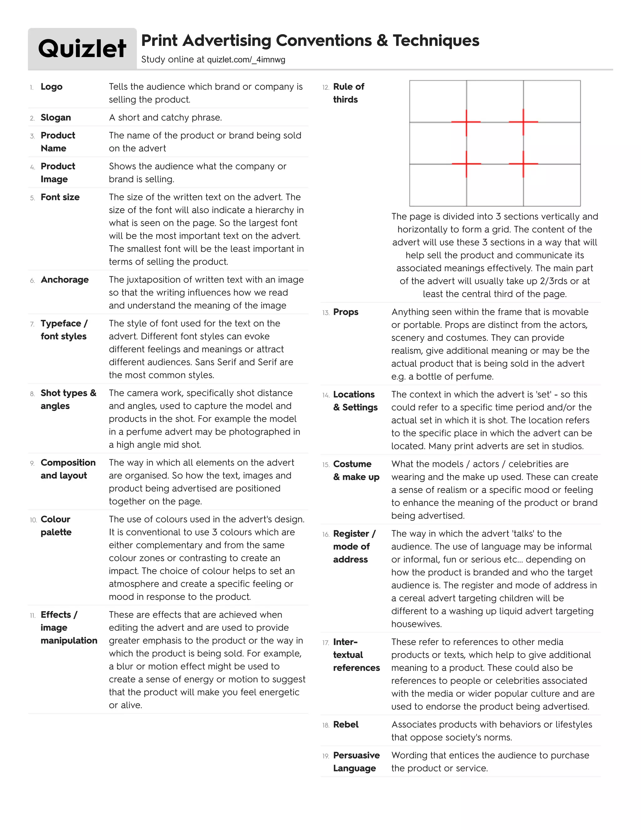 1. Logo Tells the audience which brand or company is
selling the product.
2. Slogan A short and catchy phrase.
3. Product
Name
The name of the product or brand being sold
on the advert
4. Product
Image
Shows the audience what the company or
brand is selling.
5. Font size The size of the written text on the advert. The
size of the font will also indicate a hierarchy in
what is seen on the page. So the largest font
will be the most important text on the advert.
The smallest font will be the least important in
terms of selling the product.
6. Anchorage The juxtaposition of written text with an image
so that the writing influences how we read
and understand the meaning of the image
7. Typeface /
font styles
The style of font used for the text on the
advert. Different font styles can evoke
different feelings and meanings or attract
different audiences. Sans Serif and Serif are
the most common styles.
8. Shot types &
angles
The camera work, specifically shot distance
and angles, used to capture the model and
products in the shot. For example the model
in a perfume advert may be photographed in
a high angle mid shot.
9. Composition
and layout
The way in which all elements on the advert
are organised. So how the text, images and
product being advertised are positioned
together on the page.
10. Colour
palette
The use of colours used in the advert's design.
It is conventional to use 3 colours which are
either complementary and from the same
colour zones or contrasting to create an
impact. The choice of colour helps to set an
atmosphere and create a specific feeling or
mood in response to the product.
11. Effects /
image
manipulation
These are effects that are achieved when
editing the advert and are used to provide
greater emphasis to the product or the way in
which the product is being sold. For example,
a blur or motion effect might be used to
create a sense of energy or motion to suggest
that the product will make you feel energetic
or alive.
12. Rule of
thirds
The page is divided into 3 sections vertically and
horizontally to form a grid. The content of the
advert will use these 3 sections in a way that will
help sell the product and communicate its
associated meanings effectively. The main part
of the advert will usually take up 2/3rds or at
least the central third of the page.
13. Props Anything seen within the frame that is movable
or portable. Props are distinct from the actors,
scenery and costumes. They can provide
realism, give additional meaning or may be the
actual product that is being sold in the advert
e.g. a bottle of perfume.
14. Locations
& Settings
The context in which the advert is 'set' - so this
could refer to a specific time period and/or the
actual set in which it is shot. The location refers
to the specific place in which the advert can be
located. Many print adverts are set in studios.
15. Costume
& make up
What the models / actors / celebrities are
wearing and the make up used. These can create
a sense of realism or a specific mood or feeling
to enhance the meaning of the product or brand
being advertised.
16. Register /
mode of
address
The way in which the advert 'talks' to the
audience. The use of language may be informal
or informal, fun or serious etc... depending on
how the product is branded and who the target
audience is. The register and mode of address in
a cereal advert targeting children will be
different to a washing up liquid advert targeting
housewives.
17. Inter-
textual
references
These refer to references to other media
products or texts, which help to give additional
meaning to a product. These could also be
references to people or celebrities associated
with the media or wider popular culture and are
used to endorse the product being advertised.
18. Rebel Associates products with behaviors or lifestyles
that oppose society's norms.
19. Persuasive
Language
Wording that entices the audience to purchase
the product or service.
Print Advertising Conventions & Techniques
Study online at quizlet.com/_4imnwg
 