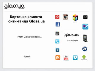 Карточка клиента
сити-гайда Gloss.ua
From Gloss with love...
1 year
15 платформ
 