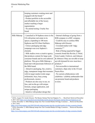 Glossier Marketing Plan
13
keeping customers wanting more and
engaged with the brand.14
- Product portfolio in the accessible
and affordable tier of the luxury
market reaching a larger
segmentation.
- No animal testing. Cruelty free
brand
Milk Makeup - Launched in 50 Sephora stores in the
US with prime real estate in its
spaces; expanding to 100 more
Sephoras and 50 Urban Outfitters.
- Unisex packaging and edgy
campaign won over Sephora’s
clientele.
- Milk studios owns a creative agency
that produces content for large-scale
consumer brands and its own editorial
platform. This gives Milk Makeup a
head start with passionate followers of
the Milk brand.
- Attractive packaging, fun, creative,
edgy, transparent image that resonates
with its target market (wide range:
millennials, boys, busy young
professionals, moms).
- Products are also easy to use, no
fuss, and on-the-go with unique
formula, unique application, and
unique packaging.
- Intuitive with product design that
- Internal challenge of going from a
B2B company to a B2C company.
- Could be easy to confuse Milk
Makeup with Glossier.
- Crowded market with “edgy
cosmetics”18
- Risk of being acquired by bigger
cosmetic brand like Revlon, L’Oréal,
Estee Lauder, Unilever, and Johnson
& Johnson if they are not able to keep
up with demand for new must-have
products.19
- Not accessible to international
customers; ships only in the US and
Puerto Rico.
- No current collaborations with
celebrities / celebrity ambassador that
can promote brand and products
in-store.
14
(2016, August 25). Inside Glossier, The Beauty Startup That Just Happens To ... - BuzzFeed. Retrieved December
3, 2017, from ​https://www.buzzfeed.com/nitashatiku/inside-glossier-the-beauty-startup-that-just-happens-to-sell
18
(2016, December 7). Milk Makeup Jumps Into The Crowded Market Of Edgy Cosmetics .... Retrieved December
3, 2017, from
https://www.fastcompany.com/3063244/milk-makeup-jumps-into-the-crowded-market-of-edgy-cosmetics-brands
19
(2016, December 7). Milk Makeup Jumps Into The Crowded Market Of Edgy Cosmetics .... Retrieved December
3, 2017, from
https://www.fastcompany.com/3063244/milk-makeup-jumps-into-the-crowded-market-of-edgy-cosmetics-brands
 