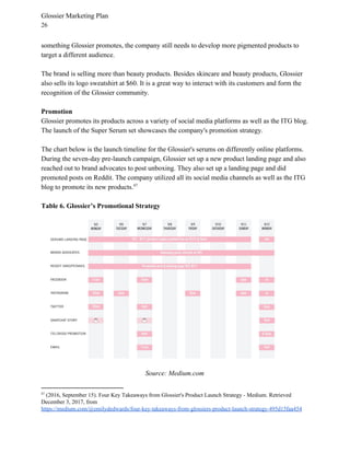 Glossier Marketing Plan
26
something Glossier promotes, the company still needs to develop more pigmented products to
target a different audience.
The brand is selling more than beauty products. Besides skincare and beauty products, Glossier
also sells its logo sweatshirt at $60. It is a great way to interact with its customers and form the
recognition of the Glossier community.
Promotion
Glossier promotes its products across a variety of social media platforms as well as the ITG blog.
The launch of the Super Serum set showcases the company's promotion strategy.
The chart below is the launch timeline for the Glossier's serums on differently online platforms.
During the seven-day pre-launch campaign, Glossier set up a new product landing page and also
reached out to brand advocates to post unboxing. They also set up a landing page and did
promoted posts on Reddit. The company utilized all its social media channels as well as the ITG
blog to promote its new products.47
Table 6. Glossier’s Promotional Strategy
Source: Medium.com
47
(2016, September 15). Four Key Takeaways from Glossier's Product Launch Strategy - Medium. Retrieved
December 3, 2017, from
https://medium.com/@emilydedwards/four-key-takeaways-from-glossiers-product-launch-strategy-495d15faa454
 