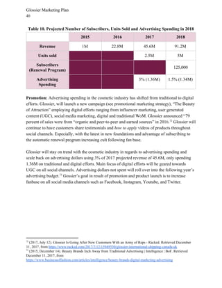 Glossier Marketing Plan
40
Table 10. Projected Number of Subscribers, Units Sold and Advertising Spending in 2018
2015 2016 2017 2018
Revenue 1M 22.8M 45.6M 91.2M
Units sold 2.5M 5M
Subscribers
(Renewal Program)
125,000
Advertising
Spending
3% (1.36M) 1.5% (1.34M)
Promotion: ​Advertising spending in the cosmetic industry has shifted from traditional to digital
efforts. Glossier, will launch a new campaign (see promotional marketing strategy), “The Beauty
of Attraction” employing digital efforts ranging from influencer marketing, user generated
content (UGC), social media marketing, digital and traditional WoM. Glossier announced “​79
percent of sales were from “organic and peer-to-peer and earned sources” in 2016. Glossier will72
continue to have customers share testimonials and ​how to​ ​apply​ videos of products throughout
social channels. Especially, with the latest in new foundations and advantage of subscribing to
the automatic renewal program increasing cult following fan base.
Glossier will stay on trend with the cosmetic industry in regards to advertising spending and
scale back on advertising dollars using 3% of 2017 projected revenue of 45.6M, only spending
1.36M on traditional and digital efforts. Main focus of digital efforts will be geared towards
UGC on all social channels. Advertising dollars not spent will roll over into the following year’s
advertising budget. Gossier’s goal in result of promotion and product launch is to increase73
fanbase on all social media channels such as Facebook, Instagram, Youtube, and Twitter.
72
(2017, July 12). Glossier Is Going After New Customers With an Army of Reps - Racked. Retrieved December
11, 2017, from ​https://www.racked.com/2017/7/12/15949530/glossier-international-shipping-canada-uk
73
(2015, December 14). Beauty Brands Inch Away from Traditional Advertising | Intelligence | BoF. Retrieved
December 11, 2017, from
https://www.businessoffashion.com/articles/intelligence/beauty-brands-digital-marketing-advertising
 