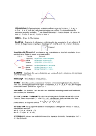 DESIGUALDADE - Desigualdade é uma expressão em uma das formas: a                 b, a < b,
 a < b, a > b, a> b, onde a e b são quantidades ou expressões. Em desigualdades são
 usados os seguintes símbolos:       não é igual (diferente), < é menor do que, < é menor ou
 igual a, > é maior do que e > é maior ou igual a.

 DEZENA - Grupo de 10 unidades.

 DIAGONAL - Segmento de reta que um vértice a outro não consecutivo de um polígono. O
 número de diagonais de um polígono é dado por (n² - 3n) / 2, onde n é o número de lados.




DIAGRAMA EM ÁRVORE - É um diagrama que mostra todos os possíveis resultados de um
acontecimento (bastante usado em programação).




DIÂMETRO - No círculo, é o segmento de reta que passa pelo centro e que une dois pontos da
circunferência do círculo.

DIFERENÇA - O resultado de uma subtração.

DÍGITOS - Símbolos usados para escrever números em representação decimal ou alguma
outra base. Em notação decimal os dígitos usados são 0, 1, 2, 3, 4, 5, 6, 7, 8 e 9. Em notação
binária são usados apenas dois dígitos 0 e 1.

DIMENSÃO - Por exemplo: Uma reta tem uma dimensão, um retângulo tem duas dimensões,
um cubo tem três dimensões.

DISTÂNCIA ENTRE DOIS PONTOS - Grandeza do segmento de reta que une dois pontos.
Exemplo: Sejam os pontos P1(x1, y1) e P2(x2 e y2), calculamos o distância entre estes dois

pontos através da seguinte fórmula                                .

DISTRIBUTIVA - Lei que permite distribuir uma adição ou subtração em relação ao produto,
sem alterar o resultado.
A × (B + C) = (A × B) + (A × C)
A × (B - C) = (A × B) - (A × C)

DIVIDENDO - O número que será dividido em uma operação de divisão. Na operação 9 ÷ 3 =
3, 9 é o dividendo.
 