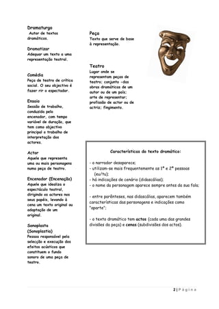 Dramaturgo
 Autor de textos            Peça
dramáticos.                 Texto que serve de base
                            à representação.
Dramatizar
Adequar um texto a uma
representação teatral.
                            Teatro
                            Lugar onde se
Comédia                     representam peças de
Peça de teatro de crítica   teatro; conjunto -das
social. O seu objectivo é   obras dramáticas de um
fazer rir o espectador.     autor ou de um país;
                            arte de representar;
Ensaio                      profissão de actor ou de
Sessão de trabalho,         actriz; fingimento.
conduzida pelo
encenador, com tempo
variável de duração, que
tem como objectivo
principal o trabalho de
interpretação dos
actores.

Actor                                  Características do texto dramático:
Aquele que representa
uma ou mais personagens     - o narrador desaparece;
numa peça de teatro.        - utilizam-se mais frequentemente as 1ª e 2ª pessoas
                               (eu/tu);
Encenador (Encenação)       - há indicações de cenário (didascálias);
Aquele que idealiza o       - o nome da personagem aparece sempre antes da sua fala;
espectáculo teatral,
dirigindo os actores nos
                            - entre parênteses, nas didascálias, aparecem também
seus papéis, levando à
                            características das personagens e indicações como
cena um texto original ou
adaptação de um
                            "aparte";
original.
                            - o texto dramático tem actos (cada uma das grandes
Sonoplasta                  divisões da peça) e cenas (subdivisões dos actos).
(Sonoplastia)
Pessoa responsável pela
selecção e execução dos
efeitos acústicos que
constituem o fundo
sonoro de uma peça de
teatro.




                                                                      2|Página
 
