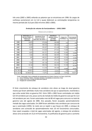 três anos (2002 a 2005) voltando ao patamar que se encontrava em 1998. Os cargos de
confiança aumentaram em 1,2 mil e quase dobraram as contratações temporárias no
mesmo período (de 15,6 para 28,6 mil entre 2002 e 2005).




O forte crescimento do estoque de servidores civis ativos ao longo do atual governo
mostra que foram admitidos muito mais servidores do que se aposentaram, revertendo o
que vinha sendo feito no governo FHC. Entre 1995 e 2002 foram contratados em média
6,4 mil servidores por ano, pouco acima da metade da média do governo Lula que foi 11,4
mil servidores por ano. Foram autorizadas mais de 80 mil vagas para concurso no total do
governo Lula até agosto de 2006. Ano passado, foram ocupadas aproximadamente
metade das vagas autorizadas. Em 2004 foram admitidos mais servidores por concurso do
que o autorizado (130%). Se neste ano se repetir o que houve em 2005, o estoque de
servidores será acrescido de aproximadamente mais 10 mil funcionários concursados.
Caso sejam ocupadas o total de vagas autorizadas até agosto, o estoque de servidores
ativos seria acrescido em 21,6 mil funcionários. A justificativa do governo para o aumento
                                           84
 
