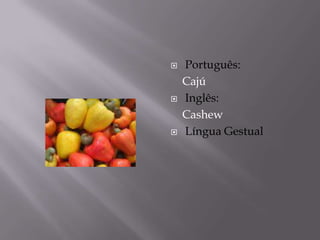    Português:
    Cajú
   Inglês:
    Cashew
   Língua Gestual
 