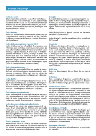 Indicador / Insegurança
Infecção
1. Invasão do organismo do hospedeiro por agente cau-
sador de doença (dito patogênico) resultando, frequen-
temente, no desenvolvimento de doença infecciosa. 2.
Penetração, desenvolvimento ou multiplicação de um
agente infeccioso no organismo humano ou de outro
animal.
Infecção bacteriana – Aquela causada por bactérias
patogênica (tuberculose).
Infecção viral – Aquela causada por vírus patogênico
(HIV, gripe).
Infestação
1. Alojamento, desenvolvimento e reprodução de ar-
trópodes na superfície do corpo humano, veste e ani-
mais. Locais e objetos infestados abrigam formas ani-
mais, especialmente artrópodes, roedores e ofídios.
2. Infestação de animais: Infestações por animais que
alterem o equilíbrio ecológico de uma região, bacia
hidrográfica ou bioma afetado por suas ações preda-
tórias [COBRADE]. 3. Outras infestações: Infestações
que alterem o equilíbrio ecológico de uma região, bacia
hidrográfica ou bioma afetado por suas ações predató-
rias [COBRADE].
Infiltração
Processo da passagem de um fluido de um meio a
outro.
Inflamável
Que é susceptível de queimar-se; combustível que rea-
ge facilmente com o oxigênio e, na presença do calor
ou outra fonte de energia, produz rapidamente o fogo.
Infraestrutura crítica
Estruturas organizacionais e físicas e instalações de vi-
tal importância para a sociedade e a economia de uma
nação, de tal forma que sua falha ou degradação pode
resultar em escassez do abastecimento, perturbação
significativa da segurança pública ou outra dramática
consequência. Exemplos: centrais de geração elétrica,
redes de distribuição de energia, vias de transporte, in-
fraestrutura de tratamento e distribuição de água, ou
de telecomunicações [WORLD RISK REPORT, 2016].
Interdição de atividade
Interdição administrativa de atividade é o ato pelo qual
a administração veda a alguém a prática de atos sujei-
tos ao seu controle ou que incidam sobre seus bens.
Está fundamentada no poder de polícia administrativa
e, por ser ato punitivo, deve ser precedida de processo
regular e do respectivo auto de interdição, que possibi-
lite a defesa do interessado.
Insegurança de renda
Situação que está relacionada com a precarização
do trabalho.
Indicador social
Diferentes índices utilizados para definir o nível de de-
senvolvimento socioeconômico de uma determinada
sociedade. Dentre esses, são importantes os índices de
mortalidade infantil, de expectativa de vida, de analfa-
betismo, habitações com água potável, habitações com
esgoto sanitário e outros.
Índice de cheia
Soma das profundidades de submersão, observada em
certo número de estações-chaves de um rio. Esse índi-
ce dá uma representação física da extensão da inunda-
ção de cada ano.
Índice de Desenvolvimento Humano (IDH)
Índice sintético que tem a finalidade de servir como uma
referência para o nível de desenvolvimento humano de
umadeterminadalocalidade.Oíndicevariaentre0(valor
mínimo) e 1 (valor máximo). A composição do IDH com-
preende indicadores de saúde, educação e renda, pois
assume que, para viver vidas que desejam, as pessoas
precisam pelo menos ter a possibilidade de levar uma
existência longa e saudável, acesso ao conhecimento e
à oportunidade de desfrutar de um padrão de vida digno
[Atlas de Desenvolvimento humano do Brasil].
Índice de envelhecimento
Relação entre a população idosa e a população jovem,
definida habitualmente como o quociente entre o nú-
mero de pessoas com 65 ou mais anos e o número de
pessoas com idades compreendidas entre 0 e 14 anos.
Índice de Gini
Instrumento para medir o grau de concentração de ren-
da em determinado grupo, apontando a diferença en-
tre os rendimentos dos mais pobres e dos mais ricos.
Numericamente, varia de 0 (situação de igualdade na
renda) a 1 (uma só pessoa detém toda a riqueza).
Índice de precipitação anterior
Soma ponderada de quantidades diárias de precipita-
ções, empregada como índice de umidade do solo. Tal
índice é usado na estimativa de escoamento superfi-
cial e como medida da severidade de estiagem.
Índice de resistência à penetração dinâmica
Corresponde ao número de golpes necessário à cra-
vação de um amostrador em 300 mm, após a cravação
inicial de 150 mm através de impacto de um peso de
650N, com queda “livre” de 750 mm (norma NBR6484
da Associação Brasileira de Normas Técnicas). Útil na
previsão de comportamento de solo, quando da solici-
tação por obras de engenharia civil.
Índice Ultravioleta (IUV)
Valor máximo diário de radiação ultravioleta que atin-
ge a superfície do planeta; é calculado ao meio-dia so-
lar, horário de máxima intensidade de radiação solar, e
apresentado para uma condição de céu claro.
 