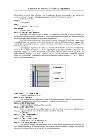 GLOSSÁRIO DE ECOLOGIA E CIÊNCIAS AMBIENTAIS
116
tolera calor). O prefixo fobo- algumas vezes é usado para denotar uma negação a um prefixo dito
operativo, como por exemplo em fobofototropismo que significa “fototropismo negativo”.
(Ver “-filia” / “-filo”)
“FOG”
(Ver “SMOG”)
FOGO
(Ver CLÍMAX DE FOGO)
FOLHEDO
(Ver NECROMASSA)
FONTE E DRENO (ou CAPTOR)
Referem-se estes termos respectivamente, ao componente ambiental de onde se origina um
nutriente (ou elemento químico participante da biogeociclagem) e ao componente que absorve ou fixa tal
nutriente (tirando-o momentaneamente do processo de ciclagem).
O carbono tem como fonte mais importante a fitomassa. O processo de respiração e a queima da
vegetação drenam este elemento, sendo posteriormente, no processo de biogeociclagem, captado pelos
vegetais dos ecossistemas terrestres e aquáticos, formando nestes últimos as rochas carbonatadas; o C é
desta maneira, fixado.
Como “drenos” importantes de carbono na Natureza, são destacadas as queimas de combustíveis
fósseis (5 X 1011
Mg) e de florestas (±2 X 1011
Mg). O gráfico que segue representa os logaritmos das
proporções “fontes” de carbono na biosfera, cujos valores absolutos estimados (em Mg de C) são
respectivamente: atmosfera = 7,6 X 1011
; oceano = 2 X 1016
(total de carbonatos + compostos orgânicos
dissolvidos + partículas + compostos orgânicos do sedimento) e ambiente terrestre = 1,2 X 1013
(biota +
humus + combustíveis fósseis):
“FOOTPRINT, ECOLOGICAL”
(Ver PEGADA ECOLÓGICA)
FORÇA DE CORIOLIS
Uma força deflectora resultante da rotação da Terra e que causa a um corpo de água ou de ar a
deflexionar para a direita no hemisfério norte e para a esquerda no hemisfério sul.
FORMAÇÃO BARREIRAS
(Ver BARREIRAS (SÉRIE ou FORMAÇÃO))
FORMAÇÃO VEGETAL
Refere-se a uma grande comunidade vegetal terrestre. Somente as plantas são consideradas numa
formação vegetal, diferindo assim de “bioma”, onde toda a biota é incluída.
(Ver BIOMA)
FORMAÇÕES CAMPESTRES
(Ver CAMPOS)
FORMAÇÕES LITORÂNEAS
(Ver DUNA; MANGUE; e RESTINGA)
FORMAS DE VIDA DE RAUNKIAER
Uma das mais comuns classificações de forma de vida vegetal, proposta por C. Raunkiaer, em
1934, baseada na posição do broto vegetativo (ou gema) e sua correspondente proteção, sob condições
adversas, em períodos frios ou secos. São seis as principais categorias:
0
2
4
6
8
10
12
14
16
18
Atmosfera
Oceano
Amb. Terr.
 