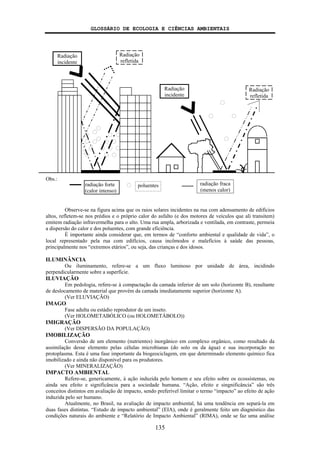 GLOSSÁRIO DE ECOLOGIA E CIÊNCIAS AMBIENTAIS
135
Obs.:
Observe-se na figura acima que os raios solares incidentes na rua com adensamento de edifícios
altos, refletem-se nos prédios e o próprio calor do asfalto (e dos motores de veículos que ali transitem)
emitem radiação infravermelha para o alto. Uma rua ampla, arborizada e ventilada, em contraste, permeia
a dispersão do calor e dos poluentes, com grande eficiência.
É importante ainda considerar que, em termos de “conforto ambiental e qualidade de vida”, o
local representado pela rua com edifícios, causa incômodos e malefícios à saúde das pessoas,
principalmente nos “extremos etários”, ou seja, das crianças e dos idosos.
ILUMINÂNCIA
Ou iluminamento, refere-se a um fluxo luminoso por unidade de área, incidindo
perpendicularmente sobre a superfície.
ILUVIAÇÃO
Em pedologia, refere-se à compactação da camada inferior de um solo (horizonte B), resultante
de deslocamento de material que provém da camada imediatamente superior (horizonte A).
(Ver ELUVIAÇÃO)
IMAGO
Fase adulta ou estádio reprodutor de um inseto.
(Ver HOLOMETABÓLICO (ou HOLOMETÁBOLO))
IMIGRAÇÃO
(Ver DISPERSÃO DA POPULAÇÃO)
IMOBILIZAÇÃO
Conversão de um elemento (nutrientes) inorgânico em complexo orgânico, como resultado da
assimilação desse elemento pelas células microbianas (do solo ou da água) e sua incorporação no
protoplasma. Esta é uma fase importante da biogeociclagem, em que determinado elemento químico fica
imobilizado e ainda não disponível para os produtores.
(Ver MINERALIZAÇÃO)
IMPACTO AMBIENTAL
Refere-se, genericamente, à ação induzida pelo homem e seu efeito sobre os ecossistemas, ou
ainda seu efeito e significância para a sociedade humana. “Ação, efeito e singnificância” são três
conceitos distintos em avaliação de impacto, sendo preferível limitar o termo “impacto” ao efeito de ação
induzida pelo ser humano.
Atualmente, no Brasil, na avaliação de impacto ambiental, há uma tendência em separá-la em
duas fases distintas. “Estudo de impacto ambiental” (EIA), onde é geralmente feito um diagnóstico das
condições naturais do ambiente e “Relatório de Impacto Ambiental” (RIMA), onde se faz uma análise
Radiação
incidente
Radiação
refletida
radiação forte
(calor intenso)
radiação fraca
(menos calor)
poluentes
Radiação
incidente
Radiação
refletida
 