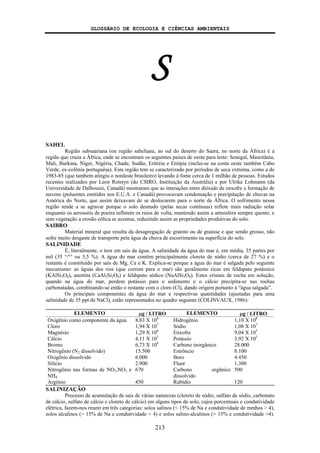 GLOSSÁRIO DE ECOLOGIA E CIÊNCIAS AMBIENTAIS
213
S
SAHEL
Região subsaariana (ou região saheliana, ao sul do deserto do Saara, no norte da África) é a
região que cruza a África, onde se encontram os seguintes países de oeste para leste: Senegal, Mauritânia,
Mali, Burkina, Níger, Nigéria, Chade, Sudão, Eritréia e Etiópia (inclui-se na costa oeste também Cabo
Verde, ex-colônia portuguêsa). Esta região tem se caracterizado por períodos de seca extrema, como a de
1983-85 (que também atingiu o nordeste brasileiro) levando à fome cerca de 1 milhão de pessoas. Estudos
recentes realizados por Leon Rotstyn (do CSIRO, Instituição da Austrália) e por Ulrike Lohmann (da
Universidade de Dalhousie, Canadá) mostraram que as interações entre dióxido de enxofre e formação de
nuvens (poluentes emitidos nos E.U.A. e Canadá) provocavam condensação e precipitação de chuvas na
América do Norte, que assim deixavam de se deslocarem para o norte da África. O sofrimento nessa
região tende a se agravar porque o solo desnudo (pelas secas contínuas) reflete mais radiação solar
enquanto os aerossóis de poeira refletem os raios de volta, mantendo assim a atmosfera sempre quente; e
sem vegetação a erosão eólica se acentua, reduzindo assim as propriedades produtivas do solo.
SAIBRO
Material mineral que resulta da desagregação de granito ou de gnaisse e que sendo grosso, não
sofre muito desgaste de transporte pela água da chuva de escorrimento na superfície do solo.
SALINIDADE
É, literalmente, o teor em sais da água. A salinidade da água do mar é, em média, 35 partes por
mil (35 °/°° ou 3,5 %). A água do mar contém principalmente cloreto de sódio (cerca de 27 %) e o
restante é constituído por sais de Mg, Ca e K. Explica-se porque a água do mar é salgada pelo seguinte
mecanismo: as águas dos rios (que correm para o mar) são geralmente ricas em feldspato potássico
(KAlSi3O8), anortita (CaAl2Si2O8) e feldspato sódico (NaAlSi3O8). Estes cristais de rocha em solução,
quando na água do mar, perdem potássio para o sedimento e o cálcio precipita-se nas rochas
carbonatadas, combinando-se então o restante com o cloro (Cl), dando origem portanto à “água salgada”.
Os principais componentes da água do mar e respectivas quantidades (ajustadas para uma
salinidade de 35 ppt de NaCl), estão representados no quadro seguinte (COLINVAUX, 1986):
ELEMENTO μg / LITRO ELEMENTO μg / LITRO
Oxigênio como componente da água 8,83 X 108
Hidrogênio 1,10 X 108
Cloro 1,94 X 107
Sódio 1,08 X 107
Magnésio 1,29 X 106
Enxofre 9,04 X 105
Cálcio 4,11 X 105
Potássio 3,92 X 105
Bromo 6,73 X 104
Carbono inorgânico 28.000
Nitrogênio (N2 dissolvido) 15.500 Estrôncio 8.100
Oxigênio dissolvido 6.000 Boro 4.450
Silício 2.900 Fluor 1.300
Nitrogênio nas formas de NO3,NO2 e
NH4
670 Carbono orgânico
dissolvido
500
Argônio 450 Rubídio 120
SALINIZAÇÃO
Processo de acumulação de sais de várias naturezas (cloreto de sódio, sulfato de sódio, carbonato
de cálcio, sulfato de cálcio e cloreto de cálcio) em alguns tipos de solo, cujos percentuais e condutividade
elétrica, fazem-nos reunir em três categorias: solos salinos (< 15% de Na e condutividade de mmhos > 4),
solos alcalinos (> 15% de Na e condutividade < 4) e solos salino-alcalinos (> 15% e condutividade >4).
 