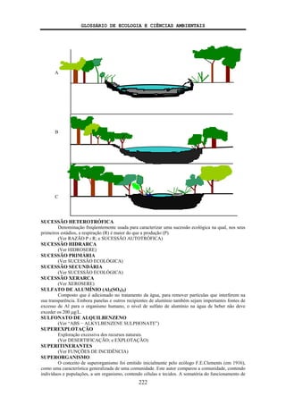 GLOSSÁRIO DE ECOLOGIA E CIÊNCIAS AMBIENTAIS
222
SUCESSÃO HETEROTRÓFICA
Denominação freqüentemente usada para caracterizar uma sucessão ecológica na qual, nos seus
primeiros estádios, a respiração (R) é maior do que a produção (P).
(Ver RAZÃO P : R; e SUCESSÃO AUTOTRÓFICA)
SUCESSÃO HIDRARCA
(Ver HIDROSERE)
SUCESSÃO PRIMÁRIA
(Ver SUCESSÃO ECOLÓGICA)
SUCESSÃO SECUNDÁRIA
(Ver SUCESSÃO ECOLÓGICA)
SUCESSÃO XERARCA
(Ver XEROSERE)
SULFATO DE ALUMÍNIO (Al2(SO4)3)
Composto que é adicionado no tratamento da água, para remover partículas que interferem na
sua transparência. Embora panelas e outros recipientes de alumínio também sejam importantes fontes de
excesso de Al para o organismo humano, o nível de sulfato de alumínio na água de beber não deve
exceder os 200 μg/L.
SULFONATO DE ALQUILBENZENO
(Ver “ABS − ALKYLBENZENE SULPHONATE”)
SUPEREXPLOTAÇÃO
Exploração excessiva dos recursos naturais.
(Ver DESERTIFICAÇÃO; e EXPLOTAÇÃO)
SUPERITINERANTES
(Ver FUNÇÕES DE INCIDÊNCIA)
SUPERORGANISMO
O conceito de superorganismo foi emitido inicialmente pelo ecólogo F.E.Clements (em 1916),
como uma característica generalizada de uma comunidade. Este autor comparou a comunidade, contendo
indivíduos e populações, a um organismo, contendo células e tecidos. A somatória do funcionamento de
A
B
C
 