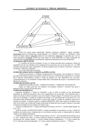 GLOSSÁRIO DE ECOLOGIA E CIÊNCIAS AMBIENTAIS
230
“telmato-”
Prefixo de origem grega significando “pântano; pantanoso; paludoso”. Alguns exemplos:
telmatologia (parte da ecologia que estuda pântanos, ou “wetlands”, “marshes” ou “peatbogs”; todos
termos da língua inglesa); telmatófita (planta de tais ambientes); telmícola (o organismo que vive em
zonas pantanosas); telmófago (inseto que suga sangue de tecido dilacerado ou sangue empoçado em
tecido ulcerado); telmatoplâncton (constituído por organismos planctônicos de zonas de pântano).
TEMPO DE CIRCULAÇÃO
É o recíproco da taxa de circulação, ou seja, é o tempo necessário para compensar a fração da
quantidade total de uma substância num componente do ecossistema, que sai ou que entra. Ex.: se 1.000
unidades estão presentes num componente e 10 dessas unidades saem ou entram a cada hora, o tempo de
circulação é 1.000/10 ou 100 horas.
(Ver TAXA DE CIRCULAÇÃO)
TEMPO DE GERAÇÃO DA COORTE (ou POPULAÇÃO)
Tentativa de estimar-se o verdadeiro comprimento de uma geração, sem considerar-se o fato de
que alguns descendentes podem eles próprios desenvolverem-se o suficiente para reproduzir-se e originar
novos rebentos (descendentes), durante o tempo de geração (ou vida reprodutiva) dos seus pais.
Conseqüentemente, só se considerou o tempo médio entre o nascimento de um pai e o nascimento de seus
filhotes (ou rebentos).
TEMPO DE MANIPULAÇÃO
TEMPO DE MANIPULAÇÃO = TEMPO DE MANEJO = TEMPO DE TRATAMENTO
Espaço de tempo gasto por um predador, em perseguir, dominar e consumir uma presa e
preparar-se para a procura da próxima presa.
TEMPO DE RESIDÊNCIA
Expressão semelhante a “tempo de circulação” e que se refere ao tempo em que determinada
quantidade de substância permanece num certo compartimento do ecossistema. Esta expressão tanto é
usada com relação ao fluxo energético como com relação à biogeociclagem. No primeiro caso, para uma
certa taxa de produção, o tempo de residência de energia e seu armazenamento na biomassa viva e na
necromassa estão diretamente relacionados; e quanto mais longo for o tempo de residência, maior será o
acúmulo de energia. A fórmula seguinte é sugerida (RICKLEFS, 2007) para tempo de residência num
certo nível trófico, que é dado pela energia armazenada dividida pela taxa na qual a energia é convertida
em biomassa (lembrar que taxa implica em tempo); logo:
Tempo de residência (ano) = energia armazenada na biomassa, em kJ m-2
/ produtividade líquida, em
kJ m-2
ano-1
.
Ainda de acordo com RICKLEFS (2007) a energia acumulada na necromassa, ou seja, o tempo de
residência da matéria neste compartimento do ecossistema terrestre, pode ser representado de maneira
similar ao da equação da biomassa:
Tempo de residência (ano) = acúmulo de necromassa, em g m-2
/ taxa de queda da necromassa, em g
m-2
ano-1
. Segundo esse autor, os valores médios de tempo de residência da necromassa em diferentes
ecossistemas são: trópicos úmidos = 3 meses; habitats tropicais montanhosos = 1–2 anos; sudeste dos
E.U.A. (floresta estacional temperada) = 4–16 anos; regiões montanhosas e boreais = > 100 anos.
CAPIM
besouro
aranha sapo
cobra
gafanhoto
decompositores
 