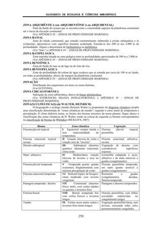 GLOSSÁRIO DE ECOLOGIA E CIÊNCIAS AMBIENTAIS
250
ZONA ARQUIBÊNTICA (ou ARQUIBENTÔNICA ou ARQUIBENTAL)
Parte do fundo do oceano que se encontra entre a extremidade superior da plataforma continental
até o início da elevação continental.
(Ver APÊNDICE IV − ZONAS DE PROFUNDIDADE MARINHA)
ZONA BATIAL
Zona do talude continental, que estando constantemente submetida à erosão subaquática e às
avalanches, apresenta-se com superfície bastante acidentada. Estende-se dos 200 m aos 4.000 m de
profundidade. Alguns a denominam de batibentônica ou batibêntica.
(Ver “bati-”; e APÊNDICE IV − ZONAS DE PROFUNDIDADE MARINHA)
ZONA BATIPELÁGICA
Zona marinha situada na zona pelágica entre as profundidades aproximadas de 500 m e 2.000 m.
(Ver APÊNDICE IV − ZONAS DE PROFUNDIDADE MARINHA)
ZONA BENTÔNICA
Zona do fundo do mar ou de lago ou do leito de rios.
ZONA BENTOPELÁGICA
Zona de profundidade da coluna de água oceânica que se estende por cerca de 100 m no fundo,
em todas as profundidades, abaixo da margem da plataforma continental.
(Ver APÊNDICE IV − ZONAS DE PROFUNDIDADE MARINHA)
ZONAÇÃO
Distribuição dos organismos em áreas ou zonas distintas.
(Ver ECOTONO)
ZONA CIRCALITORÂNEA
Subregiâo da zona sublitorânea, abaixo da franja infralitorânea.
(Ver ESTIRÂNCIO; FRANJA INFRALITORÂNEA; e APÊNDICE IV − ZONAS DE
PROFUNDIDADE MARINHA)
ZONA(S) CLIMÁTICA(S) (de WALTER, HEINRICH)
O biogeógrafo e ecólogo alemão Heinrich Walter (o proponente do diagrama climático) propôs
uma classificação denominada de “zonas climáticas do mundo”, segundo o curso anual de temperatura e
precipitação. O clima definiria assim, os limites dos biomas terrestres do nosso planeta. Segue abaixo a
classificação das zonas climáticas de H. Walter, tendo na coluna da esquerda os biomas correspondentes
na classificação de biomas de Whittaker (RICKLEFS, 2007):
Bioma Zona climática Vegetação
Floresta pluvial tropical I Equatorial: sempre úmida e
sem estacionalidade de
temperatura
Floresta pluvial tropical
perenifólia
Floresta estacional tropical /
savana
II Estação chuvosa de verão e
estação seca de “inverno”
Floresta estacional, arbustiva,
savana
Deserto subtropical III Subtropical (desertos
quentes): altamente estacional,
clima árido
Vegetação de deserto, com
consideráveis superfícies
expostas
Mata / arbustivo IV Mediterrânea: estação
chuvosa de inverno e seca no
verão
Esclerófila (adaptada à seca),
arbustiva e de mata sensíveis a
geadas (congelamento)
Floresta pluvial temperada V Temperada quente: geadas
ocasionais, freqüentemente com
máxima precipitação de verão
Floresta perenifólia temperada,
um tanto quanto sensível a
geadas (congelamento)
Floresta estacional temperada VI Nemoral (típico de bosque):
clima moderado com inverno
congelante
Resistente a geadas
(congelamento), decídua,
floresta temperada
Pastagem temperada / deserto VII Continental (desertos
frios): árido, com verões tépidos
ou quentes e invernos frios
Pastagens e desertos temperados
Floresta boreal VIII Boreal: temperado frio
com verões frescos e invernos
longos
Floresta perenifólia, com folhas
aciculadas endurecidas no
congelamento (taiga)
Tundra IX Verões secos muito curtos e
invernos frios muito longos
Vegetação perenifólia baixa, sem
árvores, crescendo sobre solos
permanentemente congelados
 