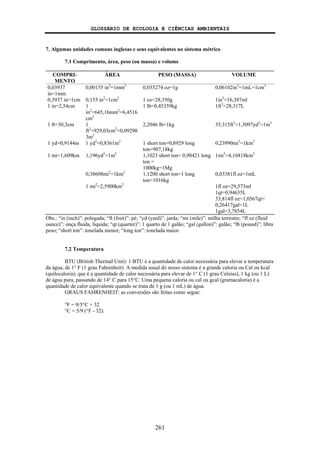 GLOSSÁRIO DE ECOLOGIA E CIÊNCIAS AMBIENTAIS
261
7. Algumas unidades comuns inglesas e seus equivalentes no sistema métrico
7.1 Comprimento, área, peso (ou massa) e volume
COMPRI-
MENTO
ÁREA PESO (MASSA) VOLUME
0,03937
in=1mm
0,00155 in2
=1mm2
0,035274 oz=1g 0,06102in3
=1mL=1cm3
0,3937 in=1cm 0,155 in2
=1cm2
1 oz=28,350g 1in3
=16,387ml
1 in=2,54cm 1
in2
=645,16mm2
=6,4516
cm2
1 lb=0,45359kg 1ft3
=28,317L
1 ft=30,3cm 1
ft2
=929,03cm2
=0,09290
3m2
2,2046 lb=1kg 35,315ft3
=1,3097yd3
=1m3
1 yd=0,9144m 1 yd2
=0,8361m2
1 short ton=0,8929 long
ton=907,18kg
0,23990mi3
=1km3
1 mi=1,609km 1,196yd2
=1m2
1,1023 short ton= 0,98421 long
ton =
1000kg=1Mg
1mi3
=4,16818km3
0,38608mi2
=1km2
1,1200 short ton=1 long
ton=1016kg
0,03381fl oz=1mL
1 mi2
=2,5900km2
1fl oz=29,573ml
1qt=0,94635L
33,814fl oz=1,0567qt=
0,26417gal=1L
1gal=3,7854L
Obs.: “in (inch)”: polegada; “ft (foot)”: pé; “yd (yard)”: jarda; “mi (mile)”: milha terrestre; “fl oz (fluid
ounce)”: onça fluida, líquida; “qt (quarter)”: 1 quarto de 1 galão; “gal (gallon)”: galão; “lb (pound)”: libra
peso; “short ton”: tonelada menor; “long ton”: tonelada maior.
7.2 Temperatura
BTU (British Thermal Unit): 1 BTU é a quantidade de calor necessária para elevar a temperatura
da água, de 1° F (1 grau Fahrenheit). A medida usual do nosso sistema é a grande caloria ou Cal ou kcal
(quilocaloria), que é a quantidade de calor necessária para elevar de 1° C (1 grau Celsius), 1 kg (ou 1 L)
de água pura, passando de 14° C para 15°C. Uma pequena caloria ou cal ou gcal (gramacaloria) é a
quantidade de calor equivalente quando se trata de 1 g (ou 1 mL) de água.
GRAUS FAHRENHEIT: as conversões são feitas como segue:
°F = 9/5°C + 32
°C = 5/9 (°F - 32).
 