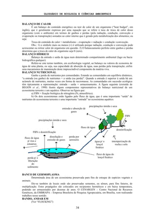 GLOSSÁRIO DE ECOLOGIA E CIÊNCIAS AMBIENTAIS
34
BALANÇO DE CALOR
É um balanço do conteúdo energético ou teor de calor de um organismo (“heat budget”, em
inglês), que é geralmente expresso por uma equação que se refere à taxa de troca de calor desse
organismo (com o ambiente) em termos de ganhos e perdas (pela radiação, condução, convecção e
evaporação ou transpiração) somados ao calor interno que é gerado pela metabolização dos alimentos; ou
seja:
Troca do conteúdo de calor = metabolismo – evaporação ± radiação ± condução ±convecção.
Obs.: 1) o símbolo mais ou menos (±) é utilizado porque radiação, condução e convecção pode
acrescentar ou retirar calor do organismo em questão. 2) O balanceamento perfeito entre ganhos e perdas
determina que a troca de calor do organismo seja 0 (zero).
BALANÇO HÍDRICO
Balanço da entrada e saída de água num determinado compartimento ambiental (lago ou bacia
hidrográfica qualquer).
Refere-se este termo também, em ecofisiologia vegetal, ao balanço ou valores de economia de
água de uma planta, ou seja, sua capacidade de absorção de água, suas perdas pela transpiração; enfim
seus mecanismos de manutenção deste imprescindível componente da matéria viva.
BALANÇO NUTRICIONAL
Ganho e perda de nutrientes por comunidades. Estando as comunidades em equilíbrio dinâmico,
“a entrada (ou ganho) de nutrientes = a saída (ou perda)”. Quando a entrada é superior à saída há um
acúmulo de nutrientes, muitas vezes em forma de necromassa. As comunidades em sucessão ecológica
têm tipicamente a representação: entrada - saída = armazenamento. A figura seguinte (extraída de
BEGON et al., 1990) ilustra alguns componentes representativos do balanço nutricional de um
ecossistema terrestre e um aquático. Observar na figura que:
a) FBN = fixação biológica do nitrogênio (N2 atmosférico).
b) Os dois ecossistemas estão ligados pelo fluxo de água, que é uma importante “saída” de
nutrientes do ecossistema terrestre e uma importante “entrada” no ecossistema aquático.
BANCO DE GERMOPLASMA
Determinada área de um ecossistema preservada para fins de estoque de espécies vegetais e
animais.
Diz-se também de locais onde são preservadas sementes, ou sêmen, para fins futuros, de
multiplicação. Estes propágulos são colocados em recipientes herméticos e em baixa temperatura,
podendo ser armazenados por dezenas de anos. O CENARGEN – Centro Nacional de Recursos
Genéticos, da EMBRAPA – Empresa Brasileira de Pesquisa Agropecuária, em Brasília, vem realizando
trabalhos nesse sentido.
BANDO, ANDAR EM
(Ver “FLOCKING”)
FBN
desnitrificação
FBN e desnitrificação
dissolução e
emissão de gases
perda por
aerossóis
emissão e absorção de
gases
fluxo de água do
lençol freático
intemperização de
rocha e solo
água p/ o
lençol
freático
precipitações úmida e seca
perda p/ e
liberação
do
sedimento
precipitações úmida e seca
fluxo de água
fluxo de água
p/ rios e
estuários
 