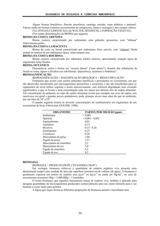 GLOSSÁRIO DE ECOLOGIA E CIÊNCIAS AMBIENTAIS
39
Alguns biomas brasileiros: floresta amazônica, caatinga, cerrado, mata atlântica e pantanal.
Fala-se ainda em biomas costeiros (ecossistemas de manguezais, dunas e restingas) e dos campos sulinos.
(Ver ZONA(S) CLIMÁTICA(S) (de WALTER, HEINRICH); e FORMAÇÃO VEGETAL)
(Ver outras denominações de BIOMA que seguem)
BIOMA DA COSTA ARENOSA
Bioma costeiro caracterizado por sedimentos com grânulos grosseiros, com “infauna”
relativamente pobre.
BIOMA DA COSTA LAMACENTA
Bioma da costa ou litoral caracterizado por sedimentos finos móveis, com “infauna” (biota
animal no interior de um sedimento) típica, relativamente rica.
BIOMA DA COSTA ROCHOSA
Bioma costeiro caracterizado por substratos sólidos estáveis, apresentando zonação típica de
organismos neles fixados.
BIOMA OCEÂNICO
Denomina-se assim o bioma em “oceano aberto” (“mar aberto”), distante das influências do
litoral ou costa; alguns o dividem nos sub-biomas “planctônico, nectônico e bentônico”.
BIOMAGNIFICAÇÃO
BIOMAGNIFICAÇÃO = MAGNIFICAÇÃO BIOLÓGICA = BIOACUMULAÇÃO
Fenômeno que ocorre com muitos poluentes lipofílicos e persistentes no ecossistema, em que
são absorvidos inicialmente por microrganismos procariotos e eucariotos e daí são transferidos para os
organismos do nível trófico seguinte e assim sucessivamente, sem sofrerem degradação nem excreção
significantes, o que os levam a uma concentração cada vez maior nos últimos elos da cadeia alimentar.
Tal concentração do poluente, no topo da cadeia alimentar (como por exemplo nas aves de rapina, nos
carnívoros em geral e grandes peixes predadores), pode alcançar níveis mais altos do que no ambiente,
por um fator de 104
a 106
.
O quadro seguinte mostra as diversas concentrações de metilmercúrio em organismos de um
ecossistema de brejo à beira-mar (GOUDIE, 1990):
ORGANISMO PARTES POR MILHÃO (ppm)
Sedimentos < 0,001
Spartina < 0,001 - 0,002
Equinodermas 0,01
Anelídeos 0,13
Bivalvos 0,15 - 0,26
Gastrópodes 0,25
Crustáceos 0,28
Musculatura de peixe 1,04
Fígado de peixe 1,57
Musculatura de mamífero 2,2
Musculatura de ave 3,0
Fígado de mamífero 4,3
Fígado de ave 8,2
BIOMASSA
BIOMASSA = PRODUTO EM PÉ (“STANDING CROP”)
Em ecologia, biomassa refere-se à quantidade de matéria orgânica viva presente num
determinado tempo e por unidade de área (da superfície terrestre) ou de volume (de água). A biomassa é
geralmente expressa em termos de matéria seca (g.m-2
ou kg.m-2
ou ainda em Mg.ha-1
, no caso de
ecossistemas terrestres) (Mg = 1.000.000g = 1 tonelada).
O termo biomassa, que significa literalmente massa de matéria viva, também é aplicado para
designar quantidades de microrganismos produzidos comercialmente para uso como alimento para o ser
humano e como ração para animais.
A figura que segue ilustra as diferentes proporções de biomassa animal e microbiana num
 