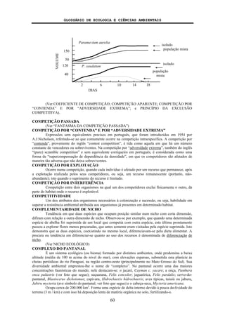 GLOSSÁRIO DE ECOLOGIA E CIÊNCIAS AMBIENTAIS
60
(Ver COEFICIENTE DE COMPETIÇÃO; COMPETIÇÃO APARENTE; COMPETIÇÃO POR
“CONTENDA” E POR “ADVERSIDADE EXTREMA”; e PRINCÍPIO DA EXCLUSÃO
COMPETITIVA).
COMPETIÇÃO PASSADA
(Ver “FANTASMA DA COMPETIÇÃO PASSADA”)
COMPETIÇÃO POR “CONTENDA” E POR “ADVERSIDADE EXTREMA”
Expressões sem equivalentes precisos em português, que foram introduzidas em 1954 por
A.J.Nicholson, referindo-se ao que comumente ocorre na competição intraespecífica. A competição por
“contenda”, proveniente do inglês “contest competition”, é tida como aquela em que há um número
constante de vencedores ou sobreviventes. Na competição por “adversidade extrema”, também do inglês
“(pure) scramble competition” e sem equivalente corriqueiro em português, é considerada como uma
forma de “supercompensação de dependência da densidade”, em que os competidores são afetados de
maneira tão adversa que não deixa sobreviventes.
COMPETIÇÃO POR EXPLOTAÇÃO
Ocorre numa competição, quando cada indivíduo é afetado por um recurso que permanece, após
a explotação realizada pelos seus competidores, ou seja, um recurso remanescente (portanto, não-
abundante); isto quando o suprimento do recurso é limitado.
COMPETIÇÃO POR INTERFERÊNCIA
Competição entre dois organismos na qual um dos competidores exclui fisicamente o outro, da
parte do habitat onde o recurso é explotável.
COMPETITIVIDADE
Um dos atributos dos organismos necessários à colonização e sucessão, ou seja, habilidade em
superar a resistência ambiental atribuída aos organismos já presentes em determinado habitat.
COMPLEMENTARIDADE DE NICHO
Tendência em que duas espécies que ocupam posição similar num nicho com certa dimensão,
difiram com relação a outra dimensão de nicho. Observou-se por exemplo, que quando uma determinada
espécie de abelha foi suprimida de um local que competia com outra espécie, esta última prontamente
passou a explorar flores menos procuradas, que antes somente eram visitadas pela espécie suprimida. Isto
demonstra que as duas espécies, coexistindo no mesmo local, diferenciavam-se pela dieta alimentar. A
procura ou tendência em diferenciar-se quanto ao uso dos recursos é denominada de diferenciação de
nicho.
(Ver NICHO ECOLÓGICO)
COMPLEXO DO PANTANAL
É um sistema ecológico (ou bioma) formado por distintos ambientes, onde predomina a baixa
altitude (média de 100 m acima do nível do mar), com elevações esparsas, submetida esta planície às
cheias periódicas do rio Paraguai, na região centro-oeste (principalmente no Mato Grosso do Sul). Sua
diversidade ambiental emprestou-lhe o nome de “complexo”. No pantanal ocorre uma das maiores
concentrações faunísticas do mundo; nele destacam-se: o jacaré, Cayman c. yacare; a onça, Panthera
onca palustris (ver foto que segue); suçuarana, Felis concolor; jaguatirica, Felis pardalis; cervo-do-
pantanal, Blastocerus dichotomus; capivara, Hidrochaeris hidrochaeris; aves típicas, tuiuiú ou jaburu,
Jabiru mycteria (ave símbolo do pantanal; ver foto que segue) e o cabeça-seca, Mycteria americana.
Ocupa cerca de 200.000 km2
. Forma uma espécie de delta interno devido à pouca declividade do
terreno (3 m / km) e com isso há deposição lenta de matéria orgânica no solo, fertilizando-o.
Paramecium aurelia
P. caudatum
isolado
população mista
isolado
população
mista
2 6 10 14 18
40
120
50
150
VOLUME
DIAS
 