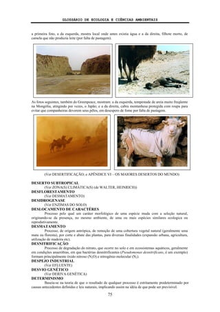 GLOSSÁRIO DE ECOLOGIA E CIÊNCIAS AMBIENTAIS
75
a primeira foto, a da esquerda, mostra local onde antes existia água e a da direita, filhote morto, de
camela que não produzia leite (por falta de pastagem).
As fotos seguintes, também do Greenpeace, mostram: a da esquerda, tempestade de areia muito freqüente
na Mongólia, atingindo por vezes, o Japão; e a da direita, cabra montanhesa protegida com roupa para
evitar que companheiras devorem seus pêlos, em desespero de fome por falta de pastagem.
(Ver DESERTIFICAÇÃO; e APÊNDICE VI – OS MAIORES DESERTOS DO MUNDO)
DESERTO SUBTROPICAL
(Ver ZONA(S) CLIMÁTICA(S) (de WALTER, HEINRICH))
DESFLORESTAMENTO
(Ver DESMATAMENTO)
DESIDROGENASE
(Ver ENZIMAS DO SOLO)
DESLOCAMENTO DE CARACTÉRES
Processo pelo qual um caráter morfológico de uma espécie muda com a seleção natural,
originando-se da presença, no mesmo ambiente, de uma ou mais espécies similares ecologica ou
reprodutivamente.
DESMATAMENTO
Processo, de origem antrópica, de remoção de uma cobertura vegetal natural (geralmente uma
mata ou floresta), por corte e abate das plantas, para diversas finalidades (expansão urbana, agricultura,
utilização de madeira etc).
DESNITRIFICAÇÃO
Processo de degradação do nitrato, que ocorre no solo e em ecossistemas aquáticos, geralmente
em condições anaeróbias, em que bactérias desnitrificantes (Pseudomonas desnitrificans, é um exemplo)
formam principalmente óxido nitroso (N2O) e nitrogênio molecular (N2).
DESPEJO INDUSTRIAL
(Ver EFLUENTE)
DESVIO GENÉTICO
(Ver DERIVA GENÉTICA)
DETERMINISMO
Baseia-se na teoria de que o resultado de qualquer processo é estritamente predeterminado por
causas antecedentes definidas e leis naturais, implicando assim na idéia de que pode ser previsível.
 