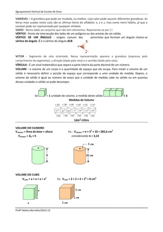 Agrupamento Vertical de Escolas de Sines

VARIÁVEL – A grandeza que pode ser mudada, ou melhor, cujo valor pode assumir diferentes grandezas. As
letras mais usadas neste caso são as últimas letras do alfabeto: x, y e z, mas como mero hábito, já que a
variável pode ser representada por qualquer símbolo.
VAZIO - Nome dado ao conjunto que não tem elementos. Representa-se por { }
VÉRTICE - Ponto de intersecção dos lados de um polígono ou das arestas de um sólido.
VÉRTICE DE UM ÂNGULO - origem comum das                     semirretas que formam um ângulo chama-se
vértice do ângulo. Ċ é o vértice do ângulo ACB .




VETOR - Segmento de reta orientado. Nessa representação aparece a grandeza (expressa pelo
comprimento do segmento), a direção (dada pela reta) e o sentido (dado pela seta).
VÍRGULA - É um sinal matemático que separa a parte inteira da parte decimal de um número.
VOLUME - o volume de um corpo é a quantidade de espaço que ele ocupa. Para medir o volume de um
sólido é necessário definir a porção de espaço que corresponde a uma unidade de medida. Depois, o
volume do sólido é igual ao número de vezes que a unidade de medida cabe no sólido ou em quantas
dessas unidades o sólido se pode decompor.



                 Se          = 1 unidade de volume, a medida deste sólido                é 3.
                                               Medidas de Volume




                                                   1dm3=1litro

VOLUME DO CILINDRO
Vcilindro = Área da base × altura             Ex.: Vcilindro = π × 32 × 10 = 282,6 cm3
  Vcilindro = Ab × h                             considerando π = 3,14




VOLUME DO CUBO
    Vcubo = a × a × a = a3           Ex: Vcubo = 2 × 2 × 2 = 23 = 8 cm3




Profª Helena Borralho/2012-13
 