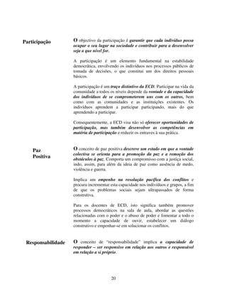 Participação

O objectivo da participação é garantir que cada indivíduo possa
ocupar o seu lugar na sociedade e contribuir para a desenvolver
seja a que nível for.
A participação é um elemento fundamental na estabilidade
democrática, envolvendo os indivíduos nos processos públicos de
tomada de decisões, o que constitui um dos direitos pessoais
básicos.
A participação é um traço distintivo da ECD. Participar na vida da
comunidade a todos os níveis depende da vontade e da capacidade
dos indivíduos de se comprometerem uns com os outros, bem
como com as comunidades e as instituições existentes. Os
indivíduos aprendem a participar participando, mais do que
aprendendo a participar.
Consequentemente, a ECD visa não só oferecer oportunidades de
participação, mas também desenvolver as competências em
matéria de participação e reduzir os entraves à sua prática.

Paz
Positiva

O conceito de paz positiva descreve um estado em que a vontade
colectiva se orienta para a promoção da paz e a remoção dos
obstáculos à paz. Comporta um compromisso com a justiça social,
indo, assim, para além da ideia de paz como ausência de medo,
violência e guerra.
Implica um empenho na resolução pacífica dos conflitos e
procura incrementar esta capacidade nos indivíduos e grupos, a fim
de que os problemas sociais sejam ultrapassados de forma
construtiva.
Para os docentes de ECD, isto significa também promover
processos democráticos na sala de aula, abordar as questões
relacionadas com o poder e o abuso de poder e fomentar a todo o
momento a capacidade de ouvir, estabelecer um diálogo
construtivo e empenhar-se em solucionar os conflitos.

Responsabilidade

O conceito de “responsabilidade” implica a capacidade de

responder – ser responsivo em relação aos outros e responsável
em relação a si próprio.

20

 