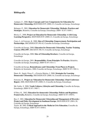 Bibliografia

Audigier, F., 2000, Basic Concepts and Core Competencies for Education for
Democratic Citizenship, DGIV/EDU/CIT (2000) 23, Conselho da Europa, Estrasburgo
Belanger, P., 2001, Education for Democratic Citizenship: Methods, Practices and
Strategies, Relatório, Conselho da Europa, Estrasburgo, ISBN 92 871 4509 1.
Bîrzéa, C., 2000, Project on Education for Democratic Citizenship: A Life-Long
Learning Perspective, DGIV/EDU/CIT (2000) 21, Conselho da Europa, Estrasburgo
Carey, L. & Forrester, K. 2000, Sites of Citizenship: Empowerment, Participation and
Partnerships, DECS/EDU/CIT (99) 62, Conselho da Europa, Estrasburgo
Conselho da Europa, 2000, Education for Democratic Citizenship, Teacher Training
Courses 1992-1997, DECS/CIT (98) 53, Conselho da Europa, Estrasburgo
Conselho da Europa, 2000, Sites of Citizenship Brochure, Conselho da Europa,
Estrasburgo
Conselho da Europa, 2001, Responsibility: From Principles To Practice, Relatório,
Conselho da Europa, Estrasburgo, ISBN 92 871 4511 3.
Conselho da Europa, Remembrance and Citizenship: From Places to Projects.
Relatório do Seminário, 2000, Conselho da Europa, Estrasburgo, ISBN 92 871 3981 4.
Duerr, K., Spajic-Vkras,V., e Ferreira Martins, I. 2000, Strategies for Learning
Democratic Citizenship, DECS/EDU/CIT (2000) 16, Conselho da Europa, Estrasburgo
Forrester, K., Project on ‘Education for Democratic Citizenship’, Final Conference
Report, 2000, DGIV/EDU/CIT (2000) 41, Conselho da Europa, Estrasburgo
Mc Carthy, S. 2000, Youth Cultures, Lifestyles and Citizenship, Conselho da Europa,
Estrasburgo, ISBN 92 871 3985 7.
O’Shea, K., 2002, Education for democratic Citizenship: Policies and Regulatory
Frameworks, Relatório, Conselho da Europa, Estrasburgo, ISBN 92 871 4949 6.
Rus, C. 2001, Education for Democratic Citizenship and Management of Diversity :
Project and Policy Development in Southeast Europe, DGIV/EDU/CIT (2001) 28,
Conselho da Europa, Estrasburgo
Taylor, M. 2002, Critical Approach to the Media in Civic Education, Conselho da
Europa, Estrasburgo, ISBN 92 871 4546 6.

24

 