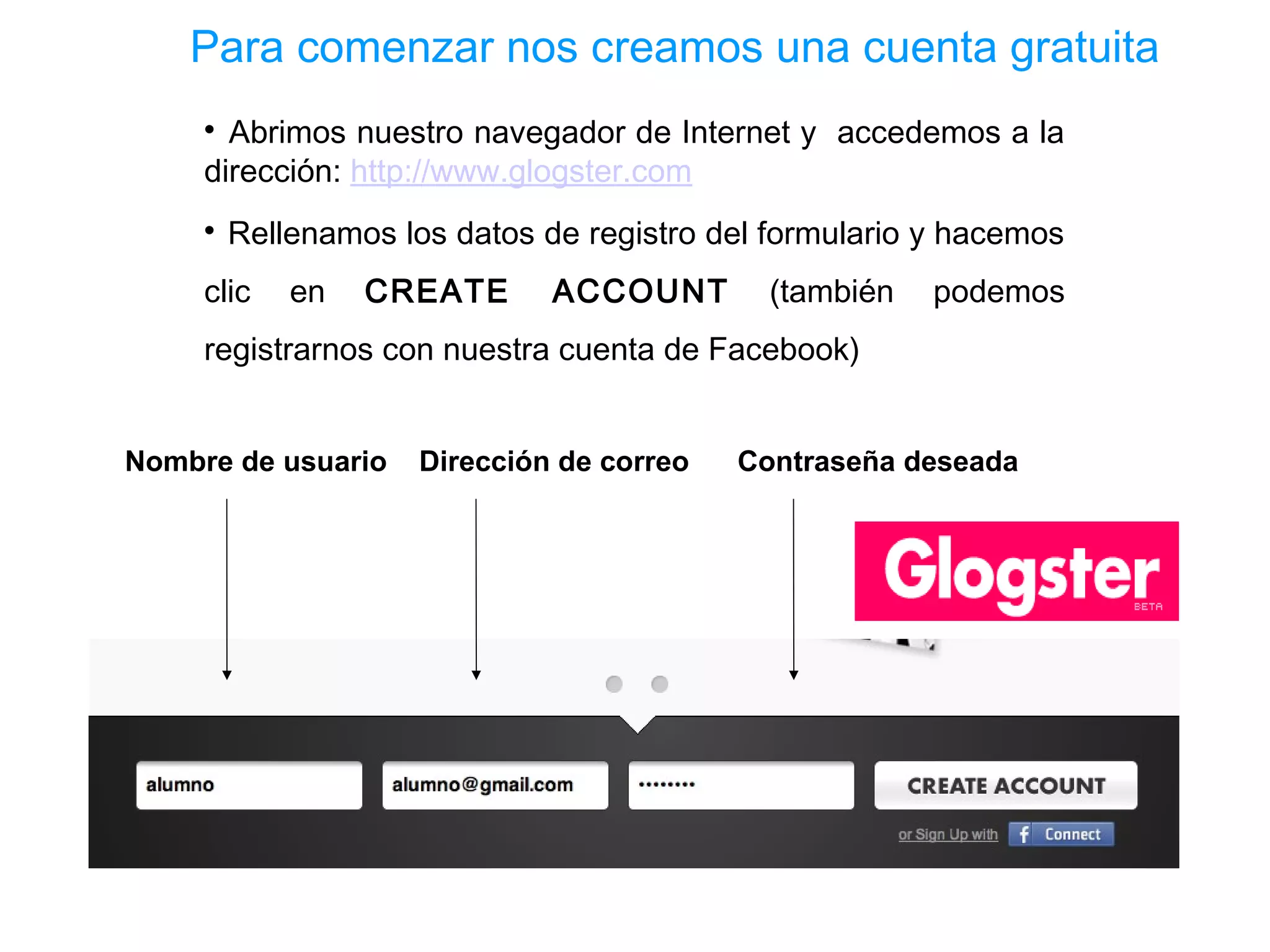 Para comenzar nos creamos una cuenta gratuita
     
       Abrimos nuestro navegador de Internet y accedemos a la
     dirección: http://www.glogster.com
     
         Rellenamos los datos de registro del formulario y hacemos
     clic    en   CREATE       ACCOUNT        (también   podemos
     registrarnos con nuestra cuenta de Facebook)


Nombre de usuario     Dirección de correo   Contraseña deseada
 