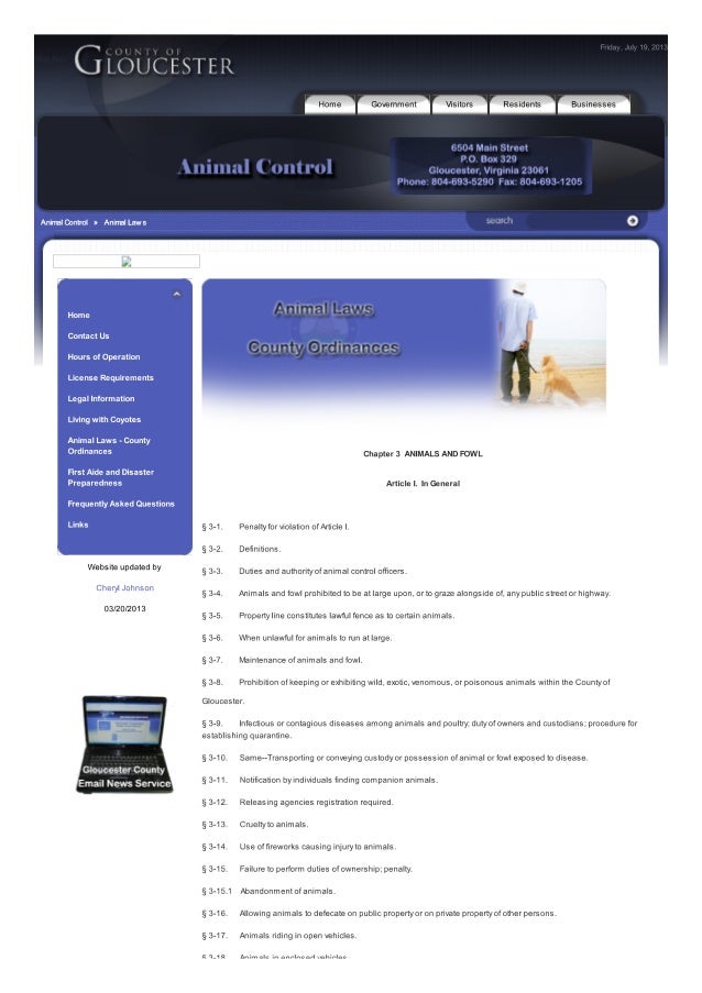 Gloucester county animal control ordinances as of july, 19th, 2013.