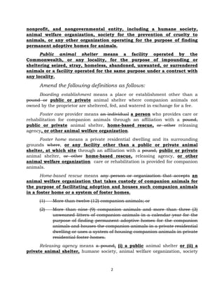 nonprofit, and nongovernmental entity, including a humane society, 
animal welfare organization, society for the prevention of cruelty to 
animals, or any other organization operating for the purpose of finding 
permanent adoptive homes for animals. 
Public animal shelter means a facility operated by the 
Commonwealth, or any locality, for the purpose of impounding or 
sheltering seized, stray, homeless, abandoned, unwanted, or surrendered 
animals or a facility operated for the same purpose under a contract with 
any locality. 
Amend the following definitions as follows: 
Boarding establishment means a place or establishment other than a 
pound or public or private animal shelter where companion animals not 
owned by the proprietor are sheltered, fed, and watered in exchange for a fee. 
Foster care provider means an individual a person who provides care or 
rehabilitation for companion animals through an affiliation with a pound, 
public or private animal shelter, home-based rescue, or other releasing 
agency, or other animal welfare organization. 
Foster home means a private residential dwelling and its surrounding 
grounds where, or any facility other than a public or private animal 
shelter, at which site through an affiliation with a pound, public or private 
animal shelter, or other home-based rescue, releasing agency, or other 
animal welfare organization care or rehabilitation is provided for companion 
animals. 
Home-based rescue means any person or organization that accepts an 
animal welfare organization that takes custody of companion animals for 
the purpose of facilitating adoption and houses such companion animals 
in a foster home or a system of foster homes. 
(1) More than twelve (12) companion animals; or 
(2) More than nine (9) companion animals and more than three (3) 
unweaned litters of companion animals in a calendar year for the 
purpose of finding permanent adoptive homes for the companion 
animals and houses the companion animals in a private residential 
dwelling or uses a system of housing companion animals in private 
residential foster homes. 
Releasing agency means a pound, (i) a public animal shelter or (ii) a 
private animal shelter, humane society, animal welfare organization, society 
2 
 