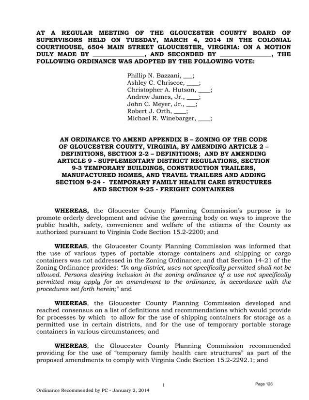 Gloucester, VA Zoning Codes For Containers, 2014 PDF