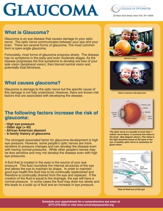 Glaucoma
Normal vision
Vision of person with glaucoma
The optic nerve is a bundle of more than 1
million nerve fibers. It connects the retina to
the brain. (See diagram above.) The retina is
the light-sensitive tissue at the back of the
eye. A healthy optic nerve is necessary for
good vision.
Flow of fluid out of the eye
Schedule your appointment for a comprehensive eye exam at
(877)-570-5222 or visit www.universityeyecenter.org
33 West 42nd Street, New York, NY 10036
What causes glaucoma?
Glaucoma is damage to the optic nerve but the specific cause of
this damage is not fully understood. However, there are known risk
factors that are associated with developing the disease.
The following factors increase the risk of
glaucoma:
- High eye pressure
- Older age (> 40)
- African American descent
- A family history of glaucoma
The strongest associated factor for glaucoma development is high
eye pressure. However, some people’s optic nerves are more
sensitive to pressure changes and can develop the disease even
with having normal pressures. While other people’s nerves may
be less sensitive and may not develop the disease even with high
eye pressures.
A fluid that is created in the eyes is the source of your eye
pressure. This fluid nourishes the internal structures of the eye
and allows the eye to maintain its shape. In order to maintain
good eye health this fluid has to be continually replenished and
therefore is continually drained from the eye and replaced. If the
creation of the fluid is equal to the drainage, the eye will have a
normal pressure. In some cases the fluid may drain too slowly and
this leads to a build up of fluid and an increase in eye pressure.
Glaucoma is an eye disease that causes damage to your optic
nerve. The optic nerve communicates between your eye and your
brain. There are several forms of glaucoma. The most common
form is open-angle glaucoma.
Fortunately, most forms of glaucoma progress slowly. The disease
has no symptoms in the early and even moderate stages. As the
disease progresses the first symptoms to develop are loss of your
side vision (peripheral vision), then blurred central vision and
potentially total blindness.
What is Glaucoma?
 