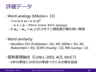 評価データ
• Word analogy (Mikolov+ 13)
• “a is to b as c is to d?”
• (a, b, c, d) = (Athens, Greece, Berlin, Germany)
• d: 𝒘 𝑏 − 𝒘 𝑎 + 𝒘 𝑐とのコサイン類似度が最も高い単語
• Word similarity
• WordSim-353 (Finkelstein+ 01), MC (Miller+ 91), RG
(Rubenstein+ 65), SCWS (Huang+ 12), RW (Luong+ 13)
• 固有表現抽出（CoNLL-2003, ACE, MUC7）
• CRFの素性に50次元の単語ベクトルの値を追加
Pennington+ (2014) GloVe: Global Vectors for Word Representation 11
 