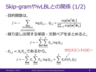 Skip-gramやivLBLとの関係 (1/2)
• 目的関数は，
𝐽 = −
𝑖∈𝑐𝑜𝑟𝑝𝑢𝑠,
𝑗∈𝑐𝑜𝑛𝑡𝑒𝑥𝑡 𝑖
log 𝑄𝑖,𝑗 ，𝑄𝑖,𝑗 =
exp 𝒘𝑖
𝑇
𝒘𝑗
𝑘=1
𝑉
exp 𝒘𝑖
𝑇
𝒘 𝑘
• 繰り返し出現する単語・文脈ペアをまとめると，
𝐽 = −
𝑖=1
𝑉
𝑗=1
𝑉
𝑋𝑖,𝑗 log 𝑄𝑖,𝑗
• 𝑋𝑖,𝑗 = 𝑋𝑖 𝑃𝑖,𝑗であるから，
𝐽 = −
𝑖=1
𝑉
𝑋𝑖
𝑗=1
𝑉
𝑃𝑖,𝑗 log 𝑄𝑖,𝑗 =
𝑖=1
𝑉
𝑋𝑖 𝐻(𝑃𝑖, 𝑄𝑖)
Pennington+ (2014) GloVe: Global Vectors for Word Representation 9
クロスエントロピー
 